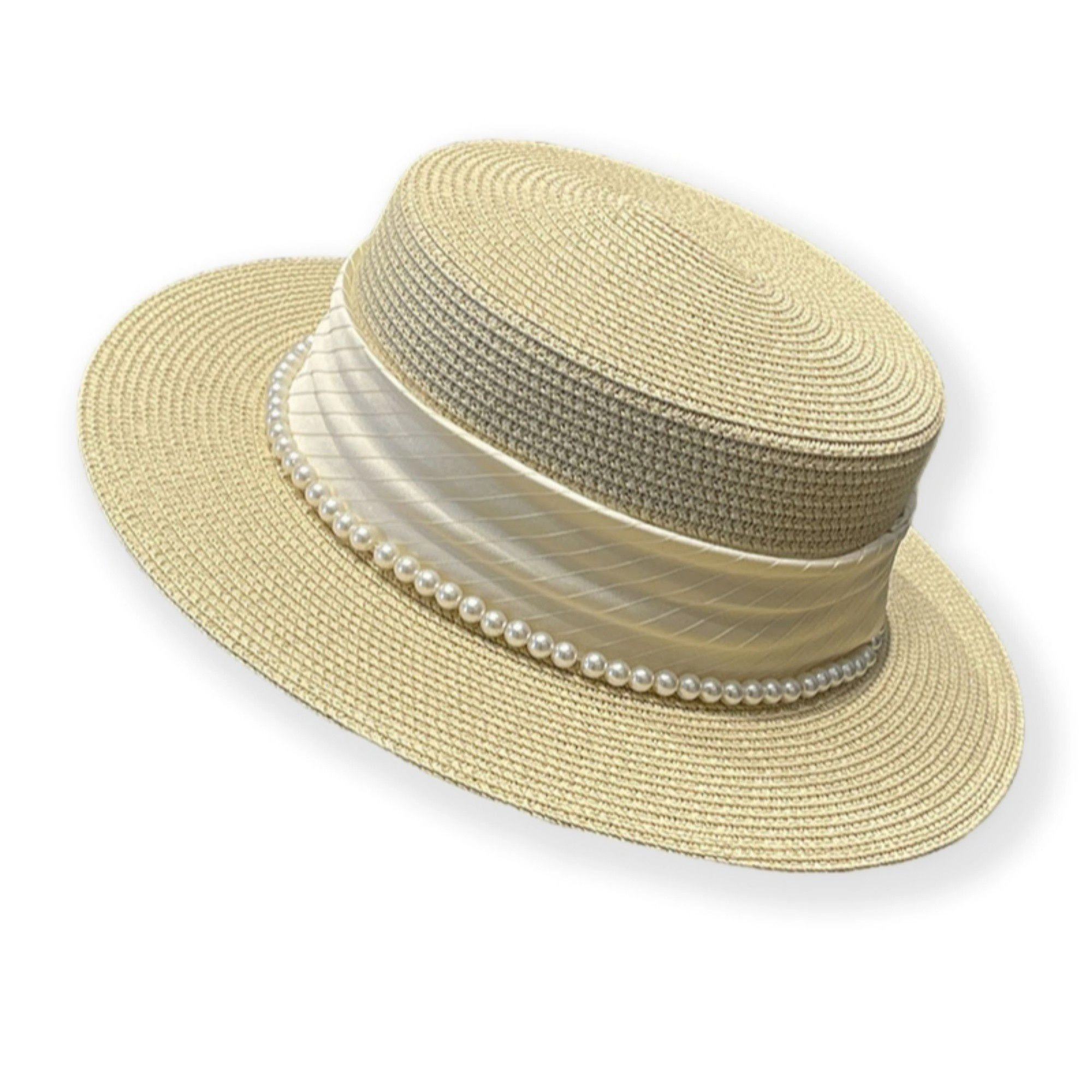 Anna-Kaci Women's Straw Boater Hat with Flat Brim Structured Crown Pearl Ribbon Band Detail