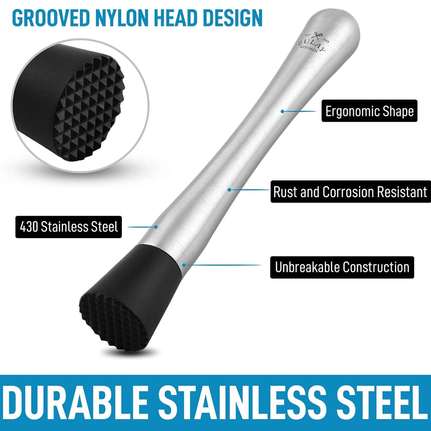 Zulay Kitchen (8 inch) Stainless Steel Muddler for Cocktails - Professional Cocktail Muddler with Grooved Nylon Head