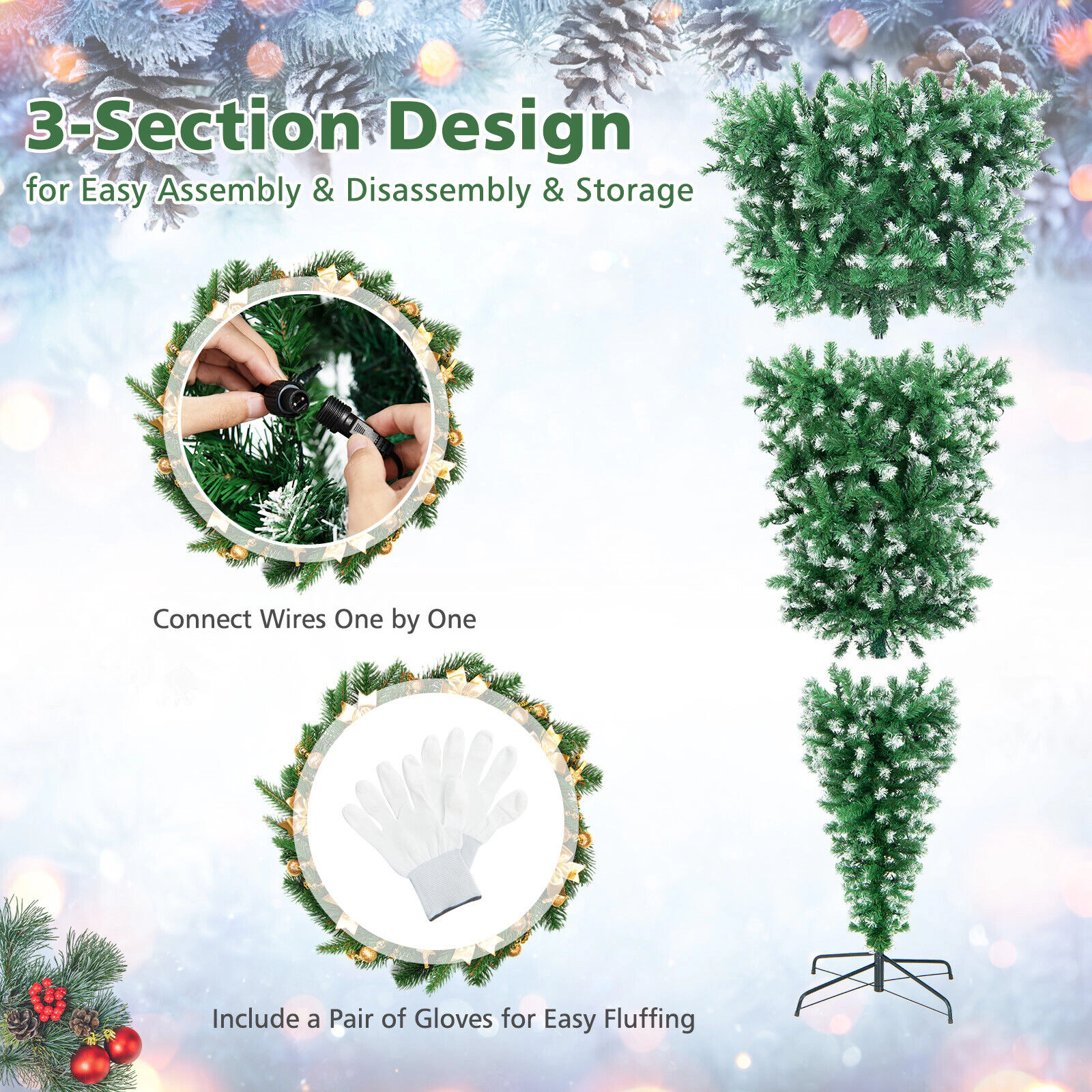 SUGIFT 7.5-ft Pre-Lit Snowy Upside Down Christmas Tree 1100 Tips with 400 LED Lights 3-Section PVC Metal Green