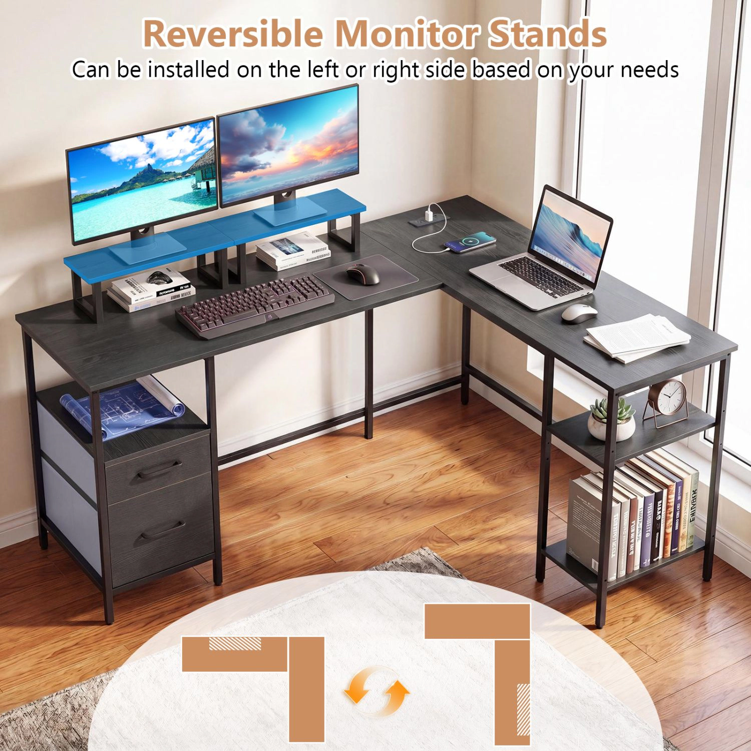SlickBlue L Shaped Computer Desk with Reversible Monitor Stands