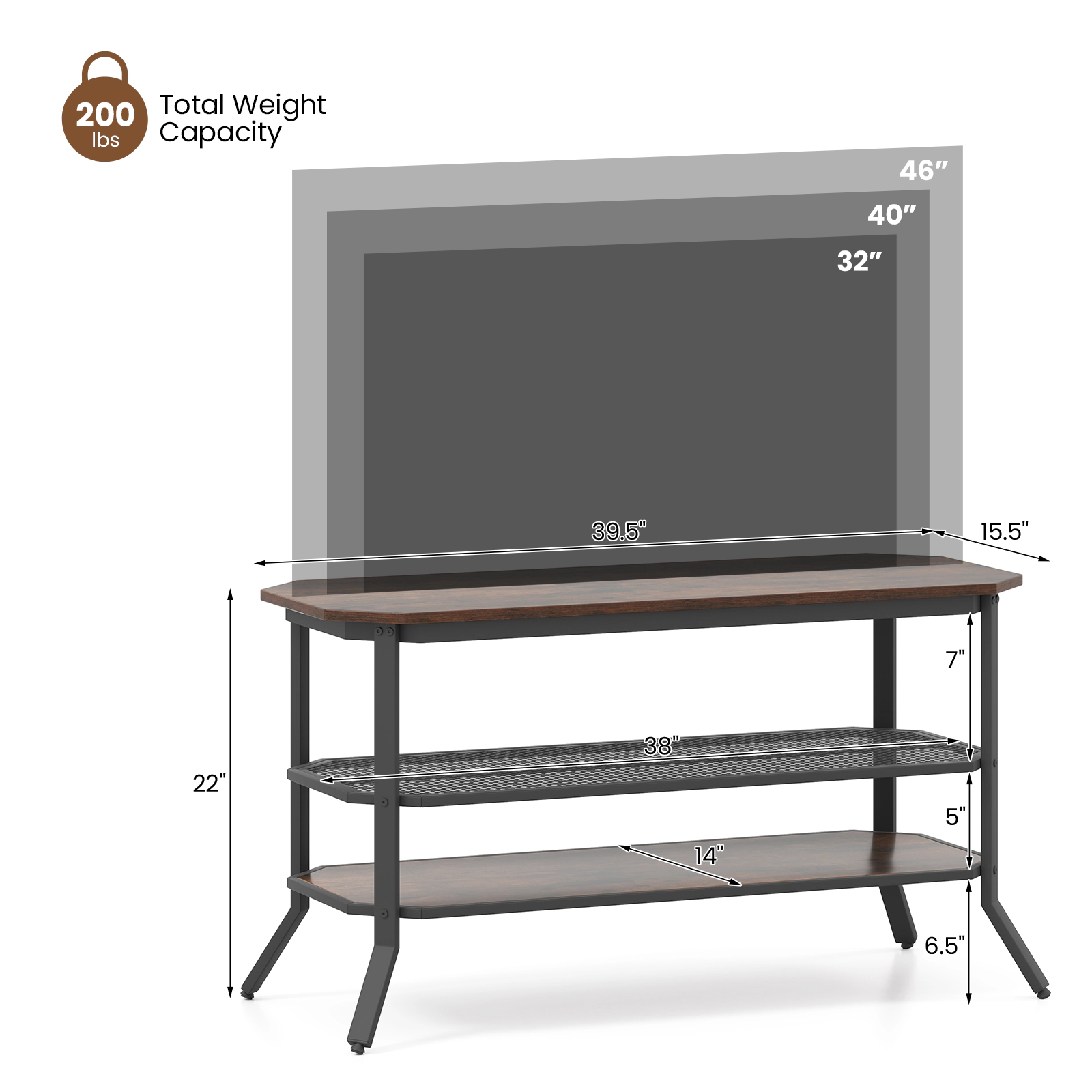 LJG 3-tier Console Table TV Stand with Mesh Storage Shelf