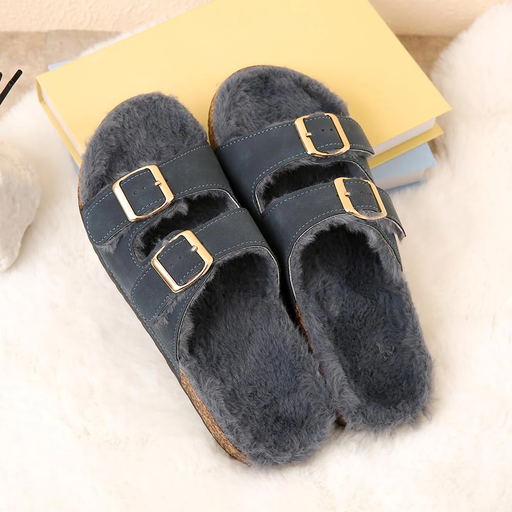 Roxoni Women’s Feather-Embellished Open-Toe Slippers with Adjustable Buckles
