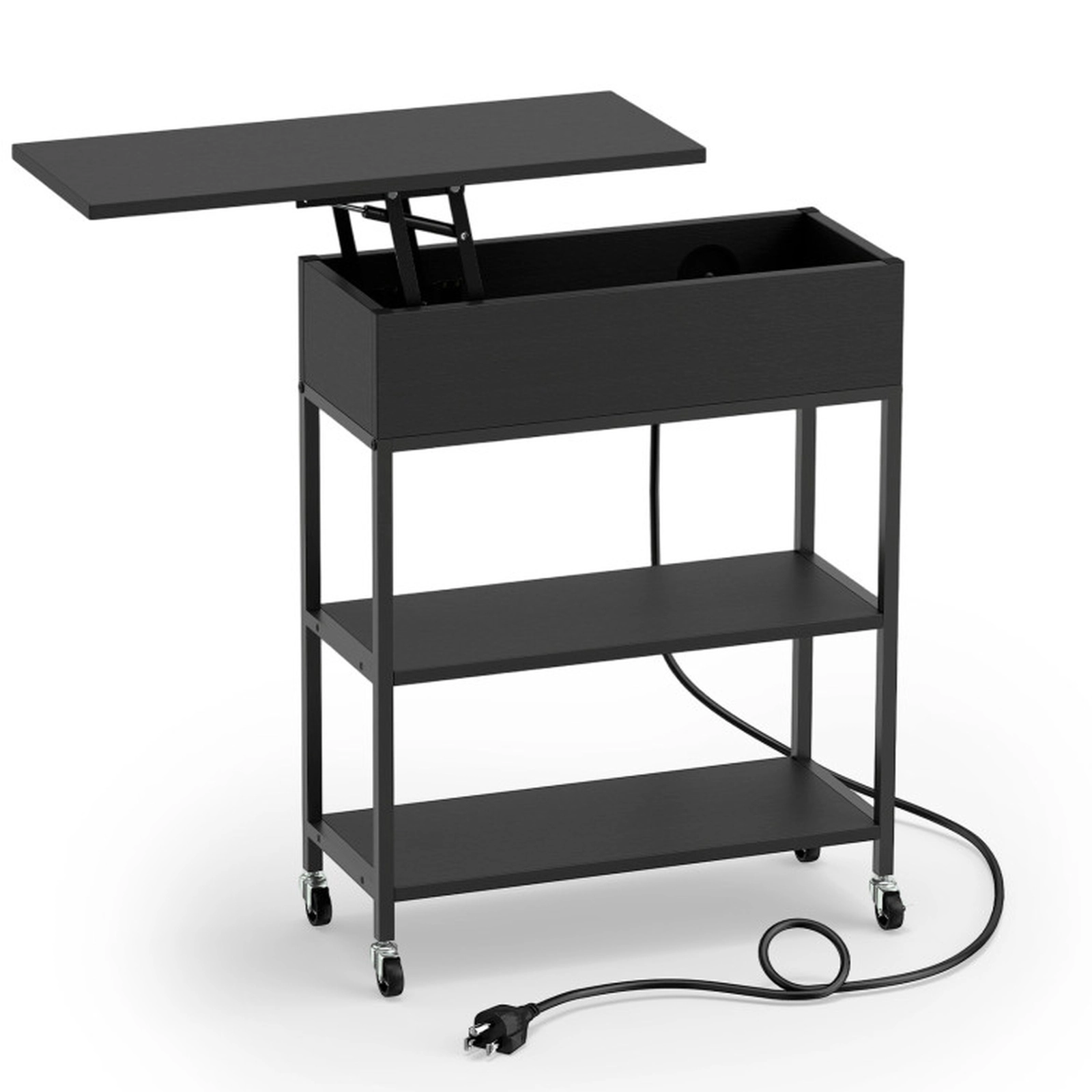 SUGIFT Lift Top End Table with Charging Station and Universal Wheels 121-lb Capacity Black/Rustic Brown