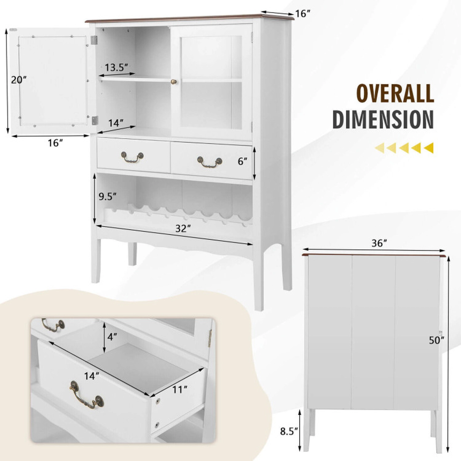 SUGIFT 36-in Wide Sideboard Buffet Cabinet with 2 Tempered Glass Doors and Open Wine Rack 310-lb Capacity White Brown