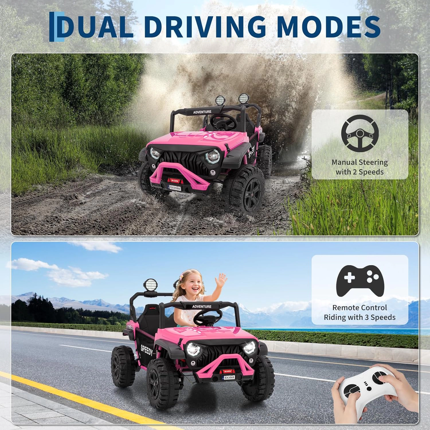 Enjyam 24V 2-Seater Kids Ride On Truck, 4WD Electric Vehicle w Remote,3 Speeds,Suspension,Dual Storage,LED Lights&Music