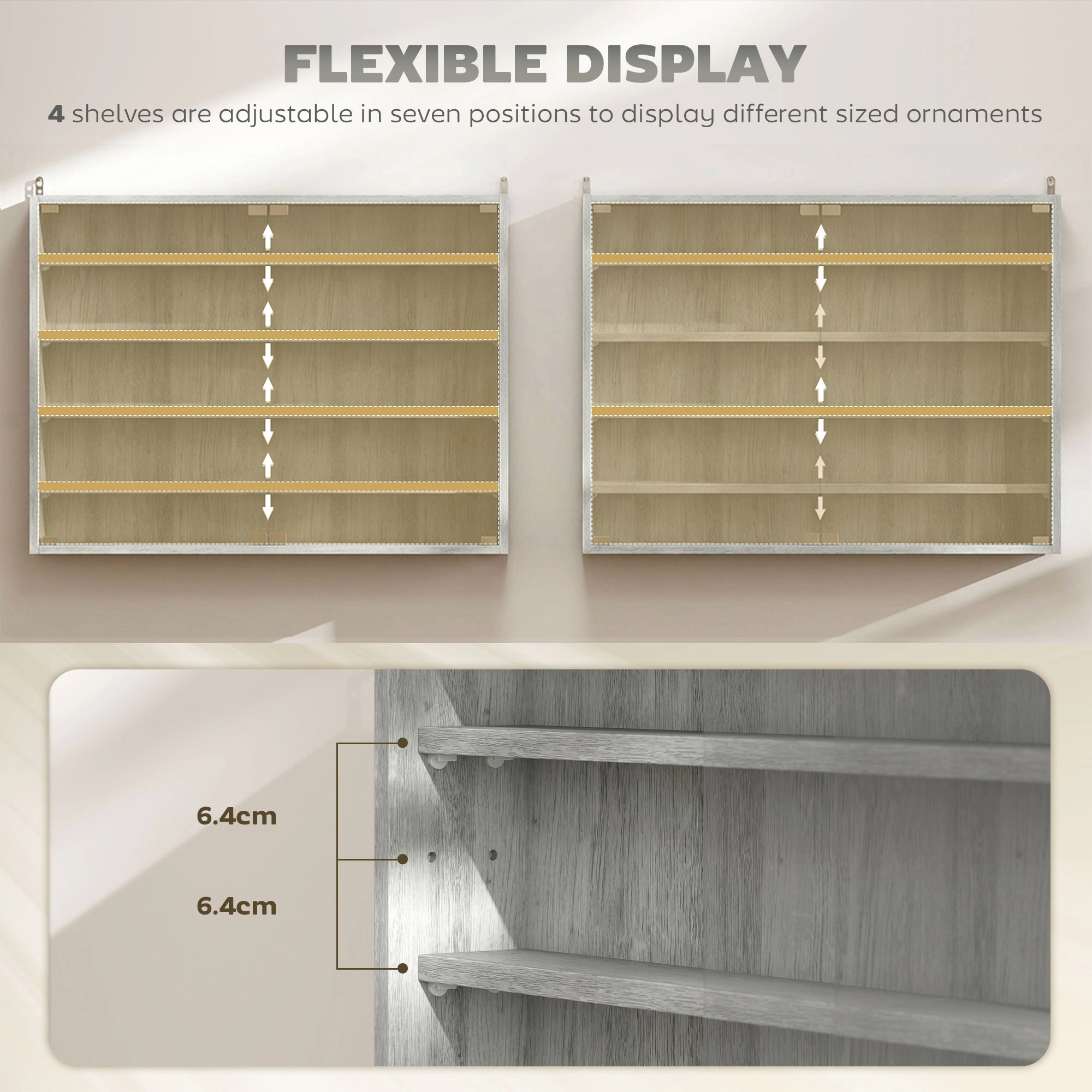 HONGGE 5-Tier Display Cabinet Wall-Mounted Case with 2 Glass Doors and Adjustable Shelves