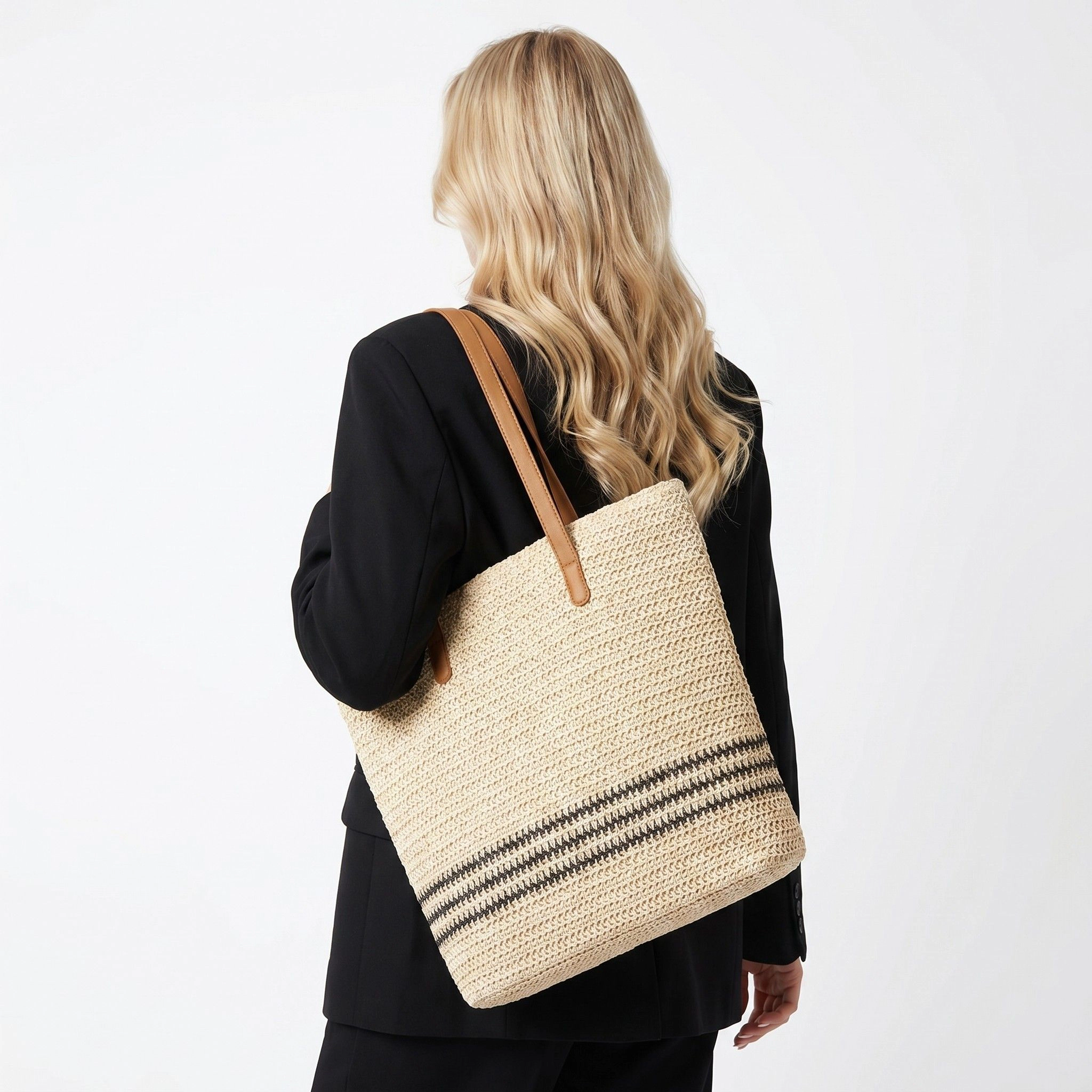 Alilang Women's Striped Woven Tote Bag with Zip Closure Shoulder Handles and Interior Pocket