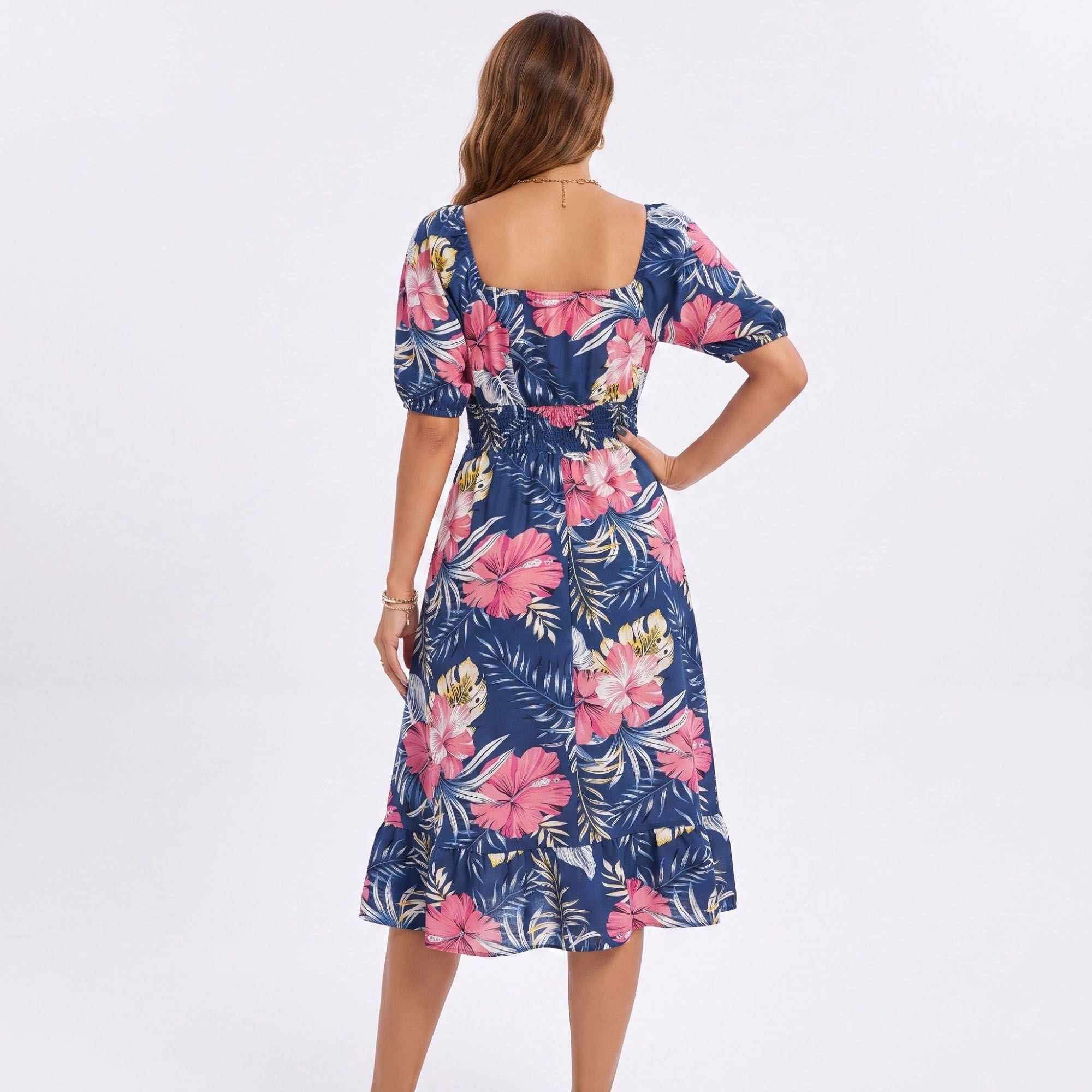 Anna-Kaci Women's Tropical Floral Square Neck Smocked Waist Midi Dress