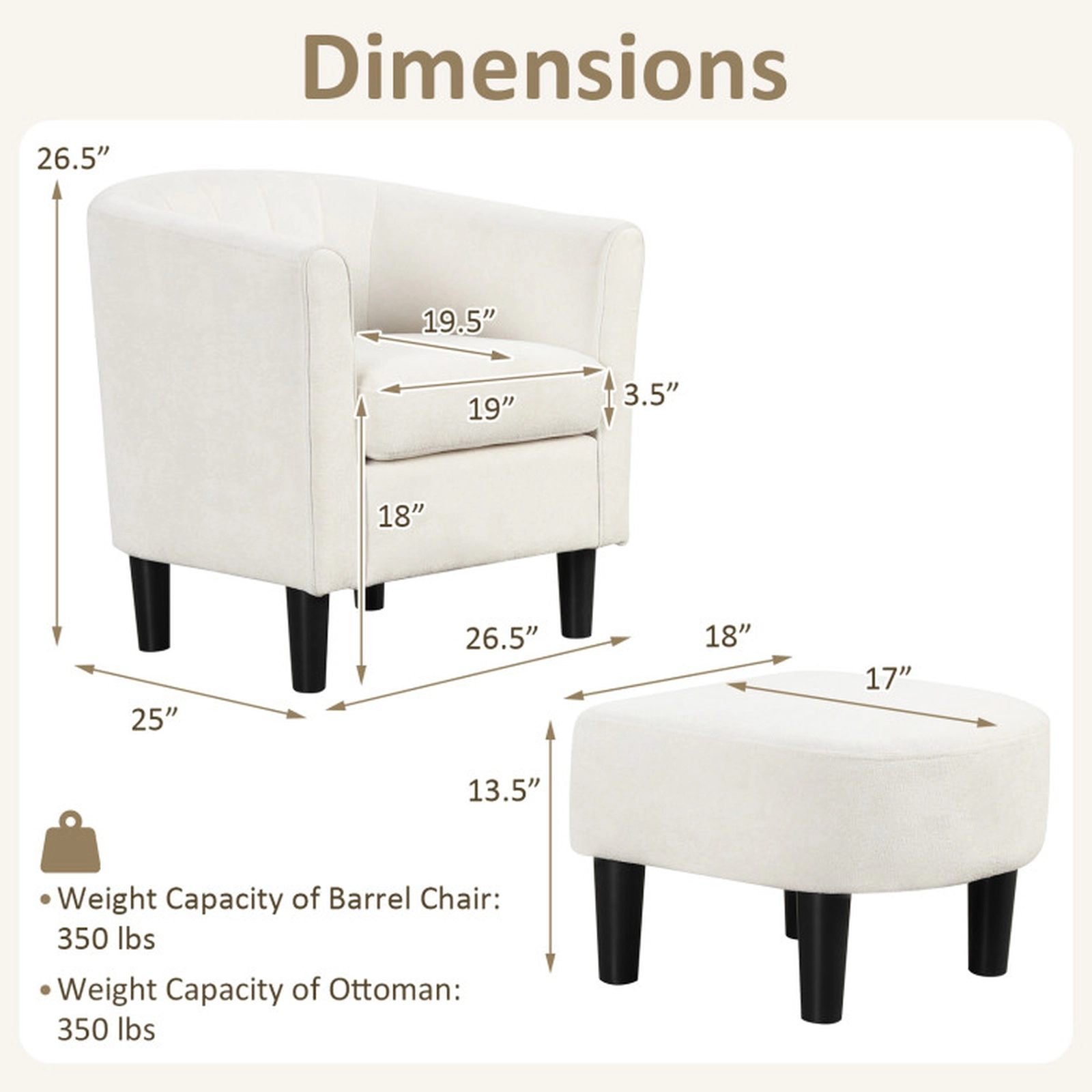 SUGIFT Beige Matching Ottoman Footrest 350-lb Teddy Velvet Club Barrel Chair