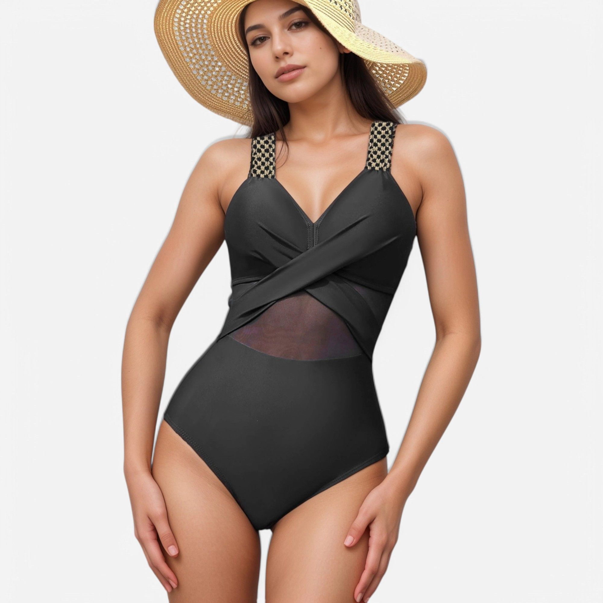 Anna-Kaci Women Colorblock One-Piece Swimsuit Front Detail Mesh Straps