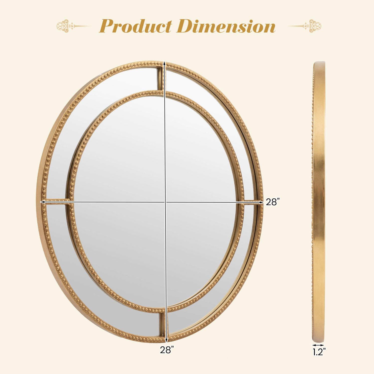 SlickBlue 28 Inch Round Wall Mirror Beaded Frame Decorative Vanity Mirror