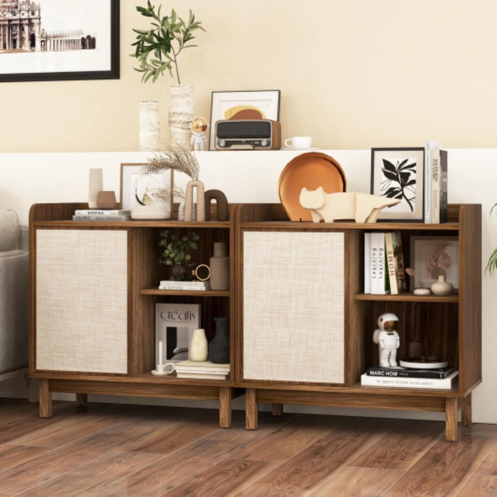 Hivvago Rattan Buffet Sideboard Mid Century Floor Storage Cabinet With Sliding Door And Adjustable Shelves-Walnut