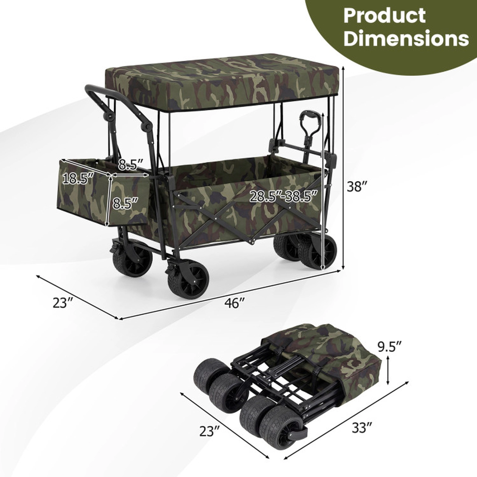 SUGIFT Camouflage Collapsible Wagon with Removable Canopy and Storage Bag 46-in W 38-in H 150-lb Load Capacity