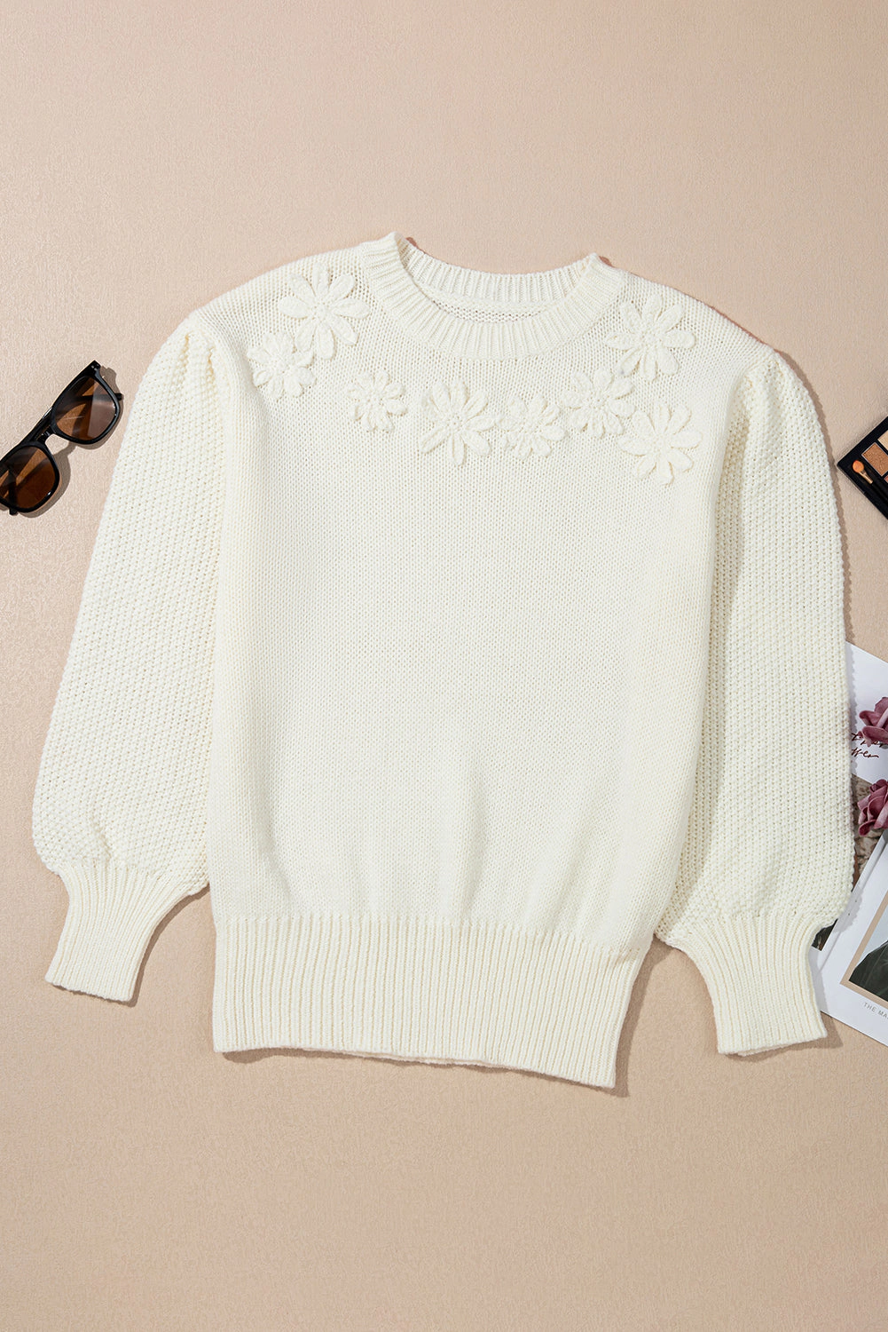 Threaded Pear Women's Rheakara Textured Puff Sleeve Sweater