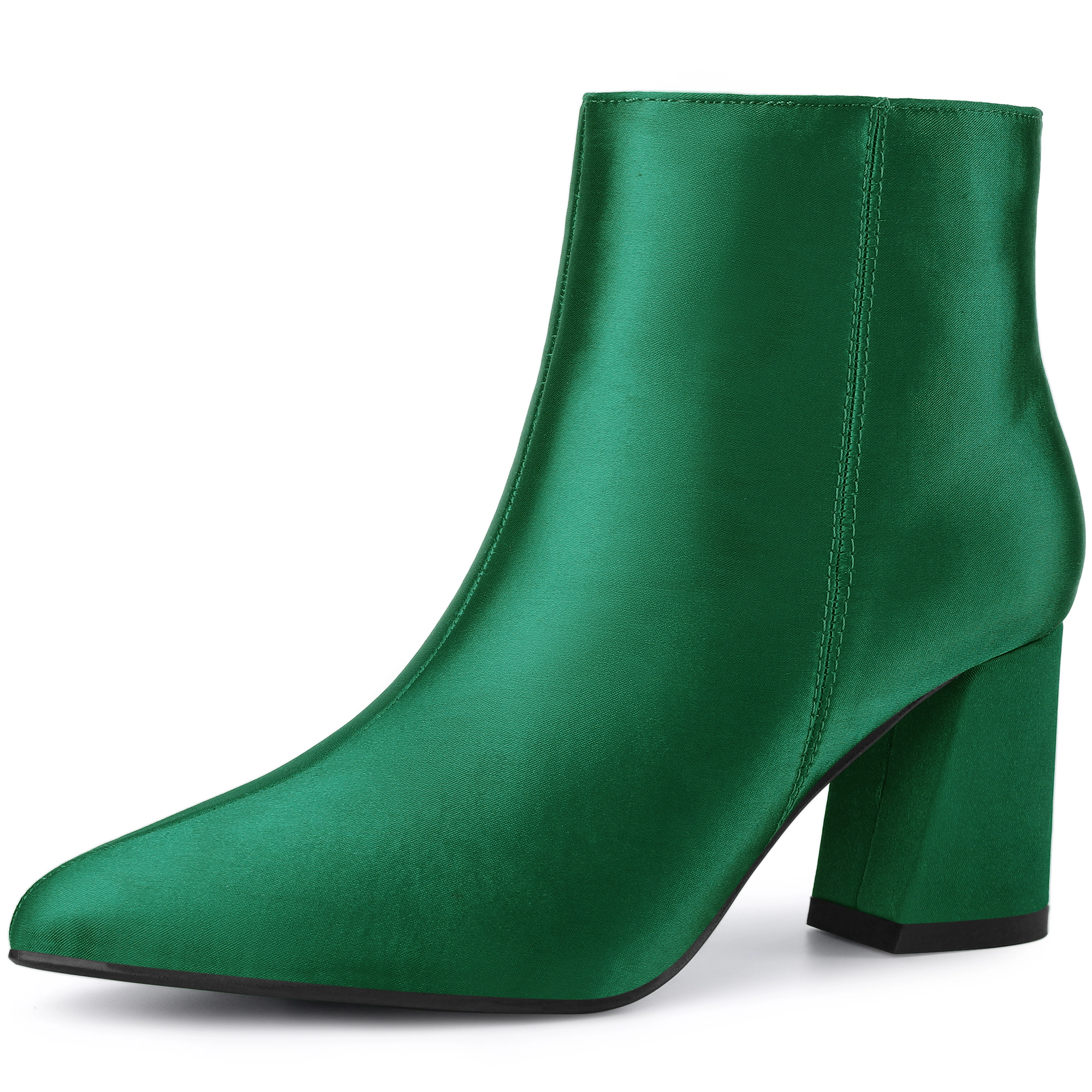 BLISSFUL STEP Women Satin Pointed Toe Chunky Heel Ankle Boots Party