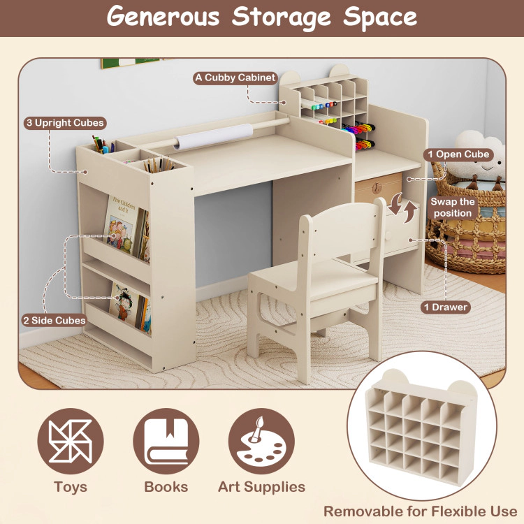 Hivvago Kids Art Table And Chair Set With Detachable Paper Roll Holder Cabinet