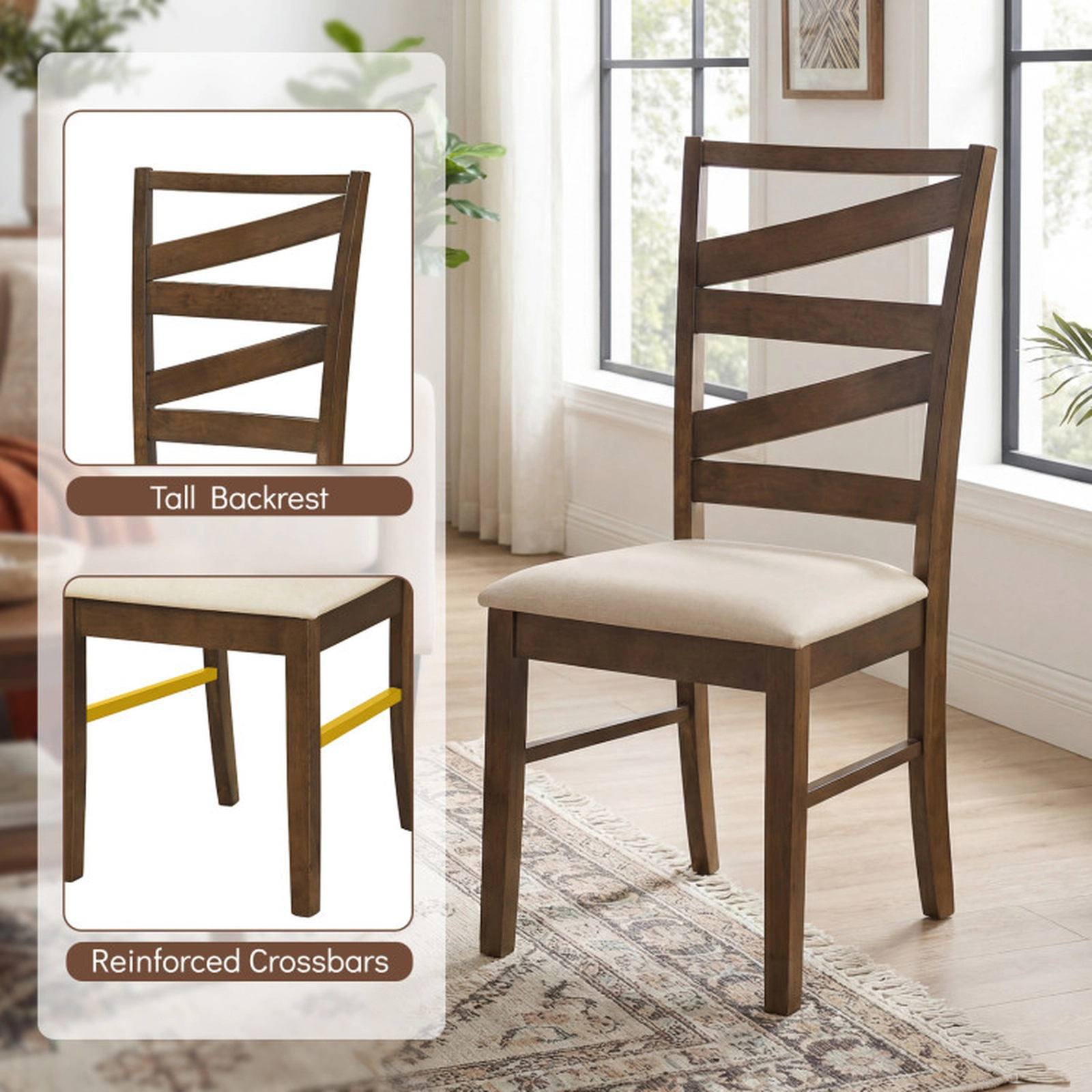 SUGIFT Tall Ladder Back and Linen Padded Seat 330-lb Set of 4 Rubber Wood Dining Chairs