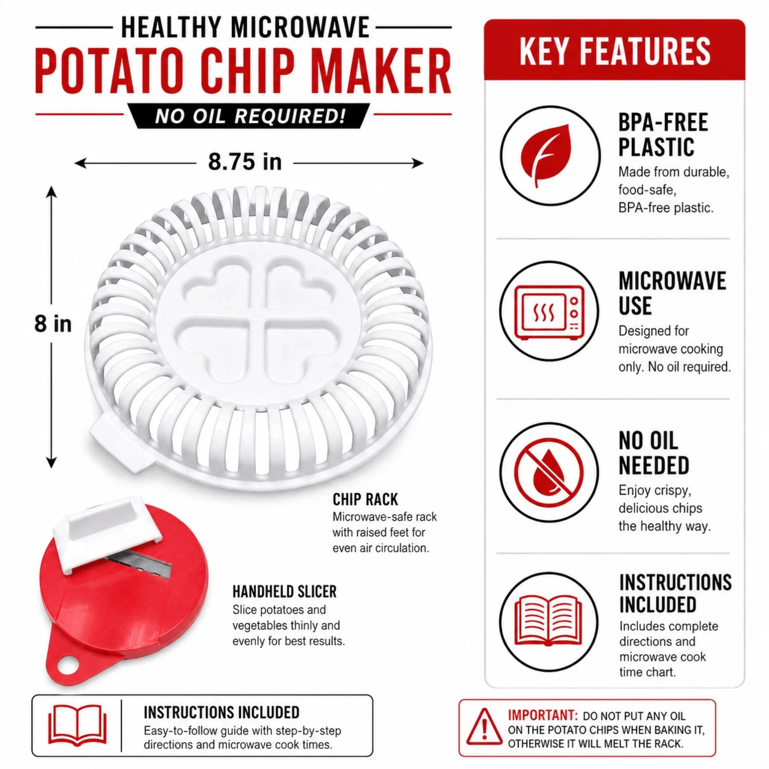 Home Collection Microwave Potato Chip Maker with Slicer BPA-Free Oil-Free Snack Tray