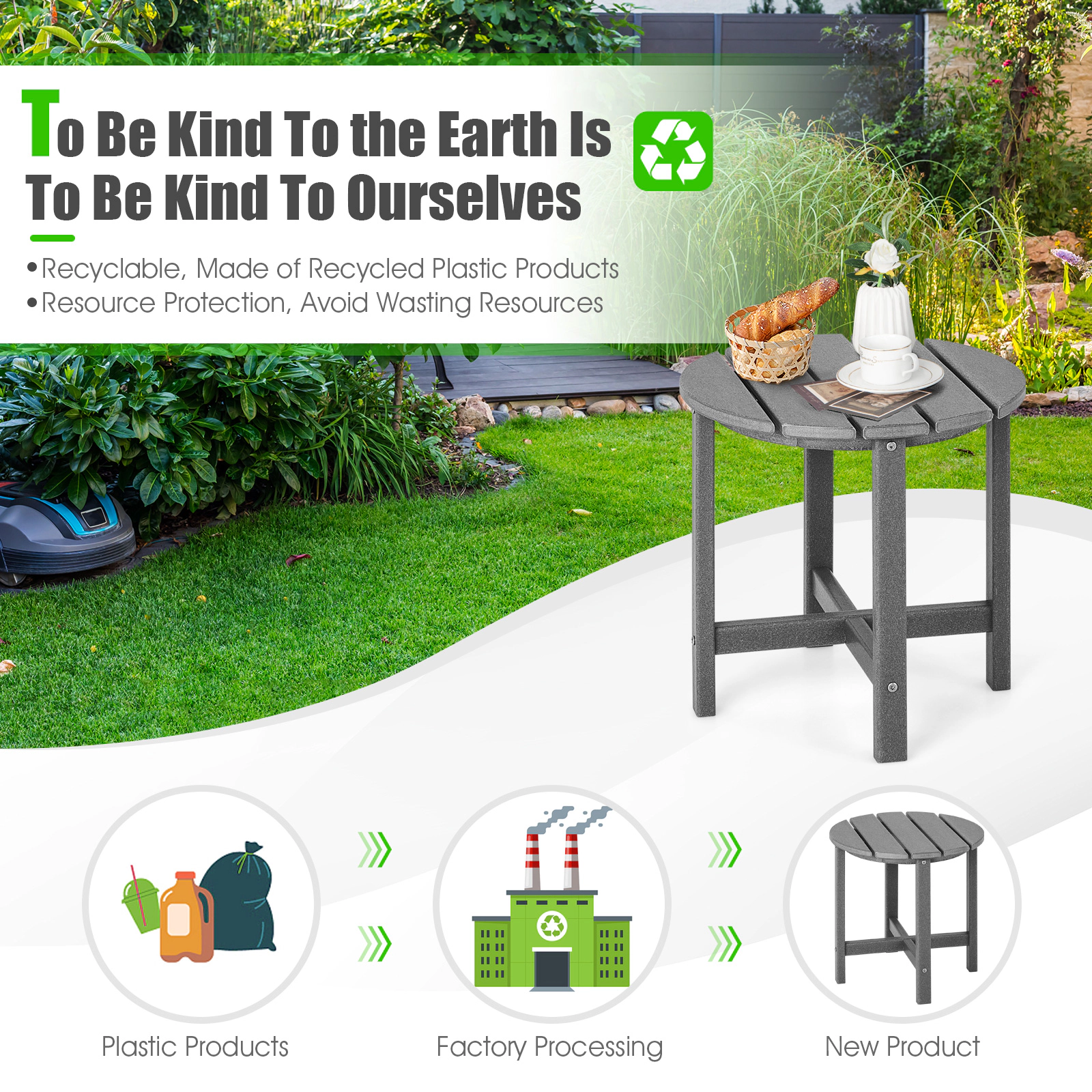 SUGIFT Set of 2 18-in Round Weather-Resistant Adirondack Side Tables 110-lb Capacity HDPE 18-in Tall Gray