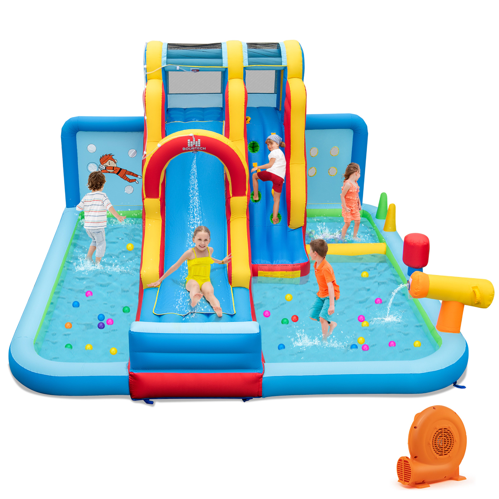 LJG Kids Inflatable Water Slide Water Park with Long Slide and Splash Pools and Ball Pit with 680W Blower