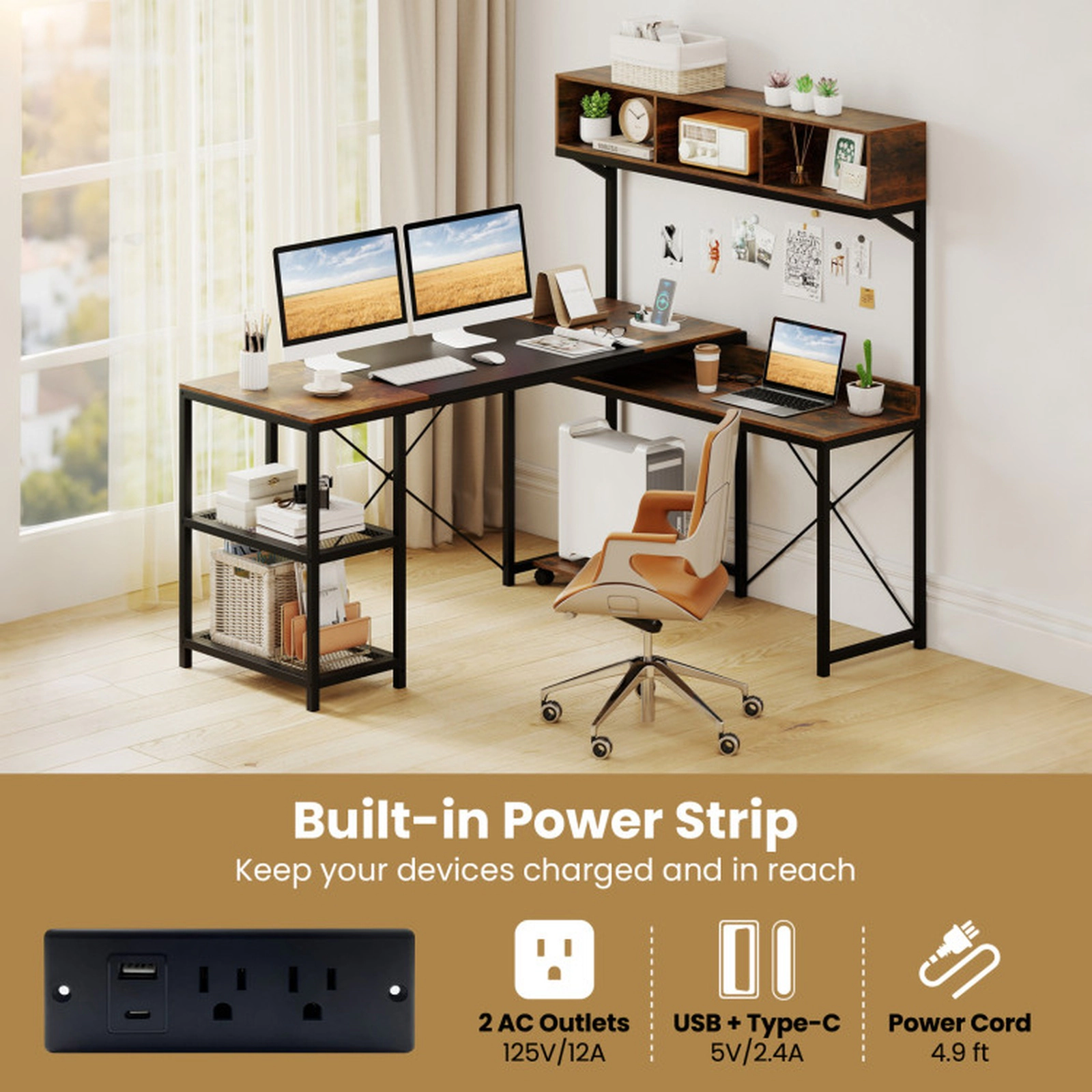 SUGIFT Hutch Power Outlets Mesh Shelves L-Shaped Computer Desk 62-in x 48-in x 56-in 135-lb Capacity Rustic Brown