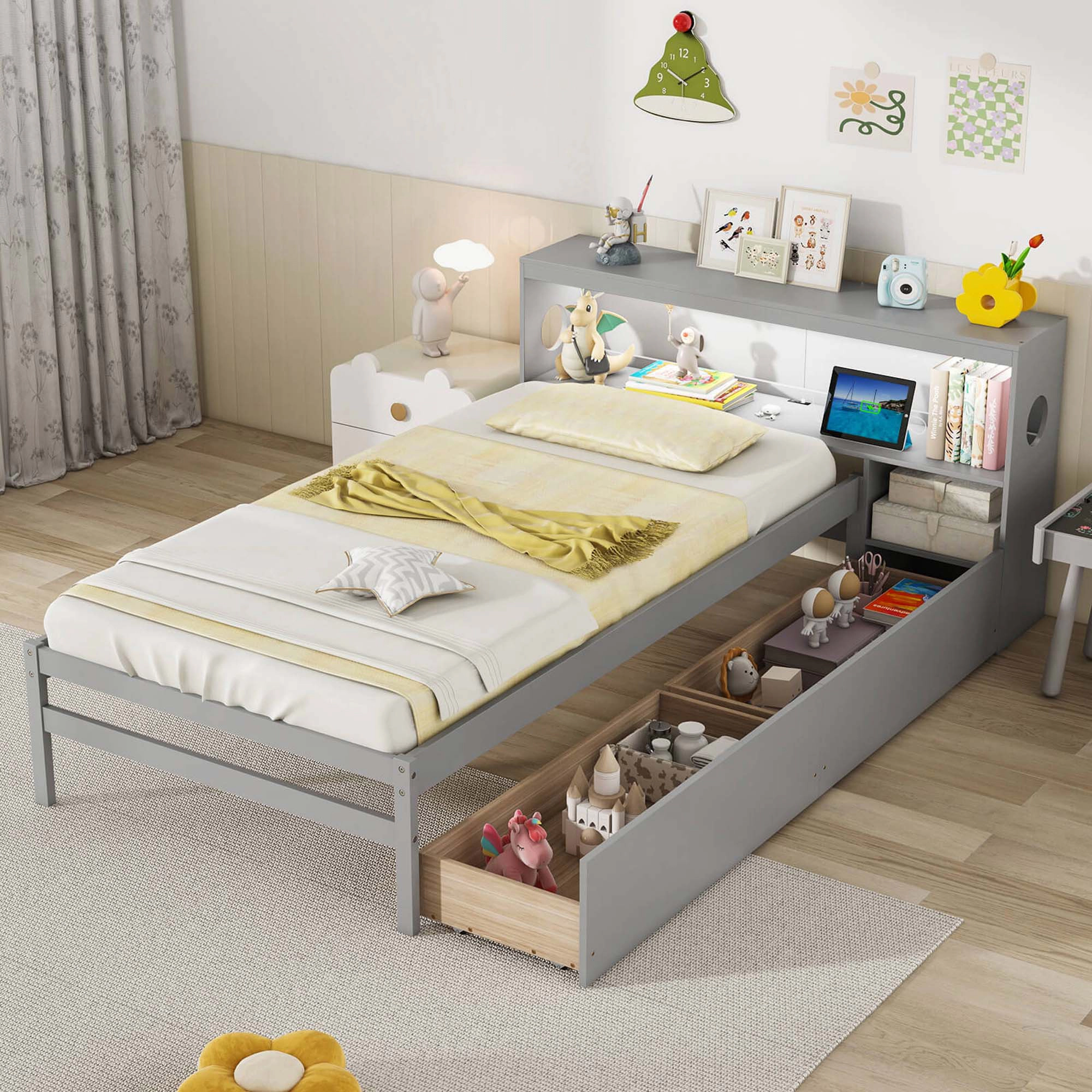 Costway Twin Size Bed Frame with LED Light & Power Outlet Bookcase Headboard Drawers Gray