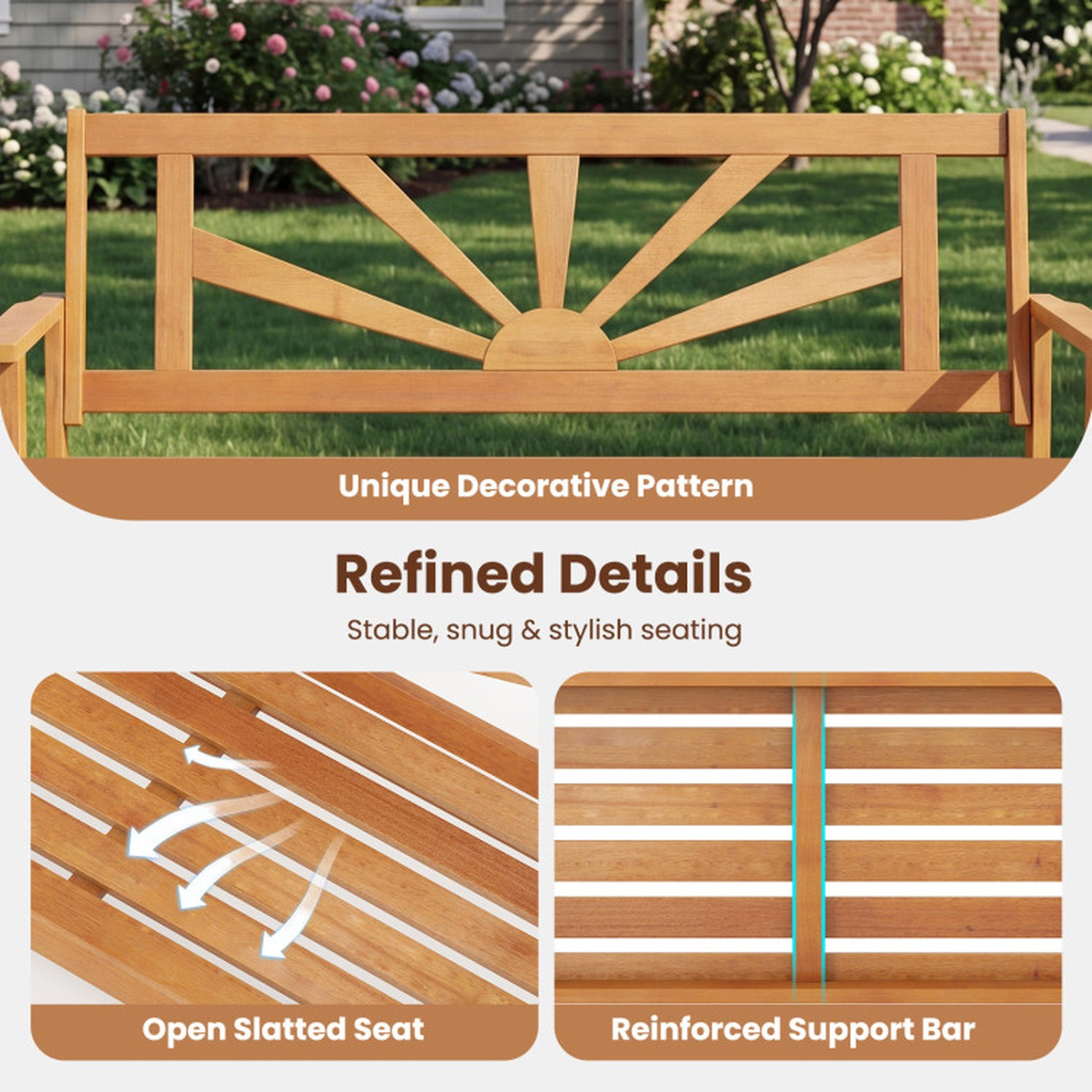 SUGIFT 47-Inch Natural Acacia Wood Outdoor Bench, 2-Seat, 800-Lb Capacity