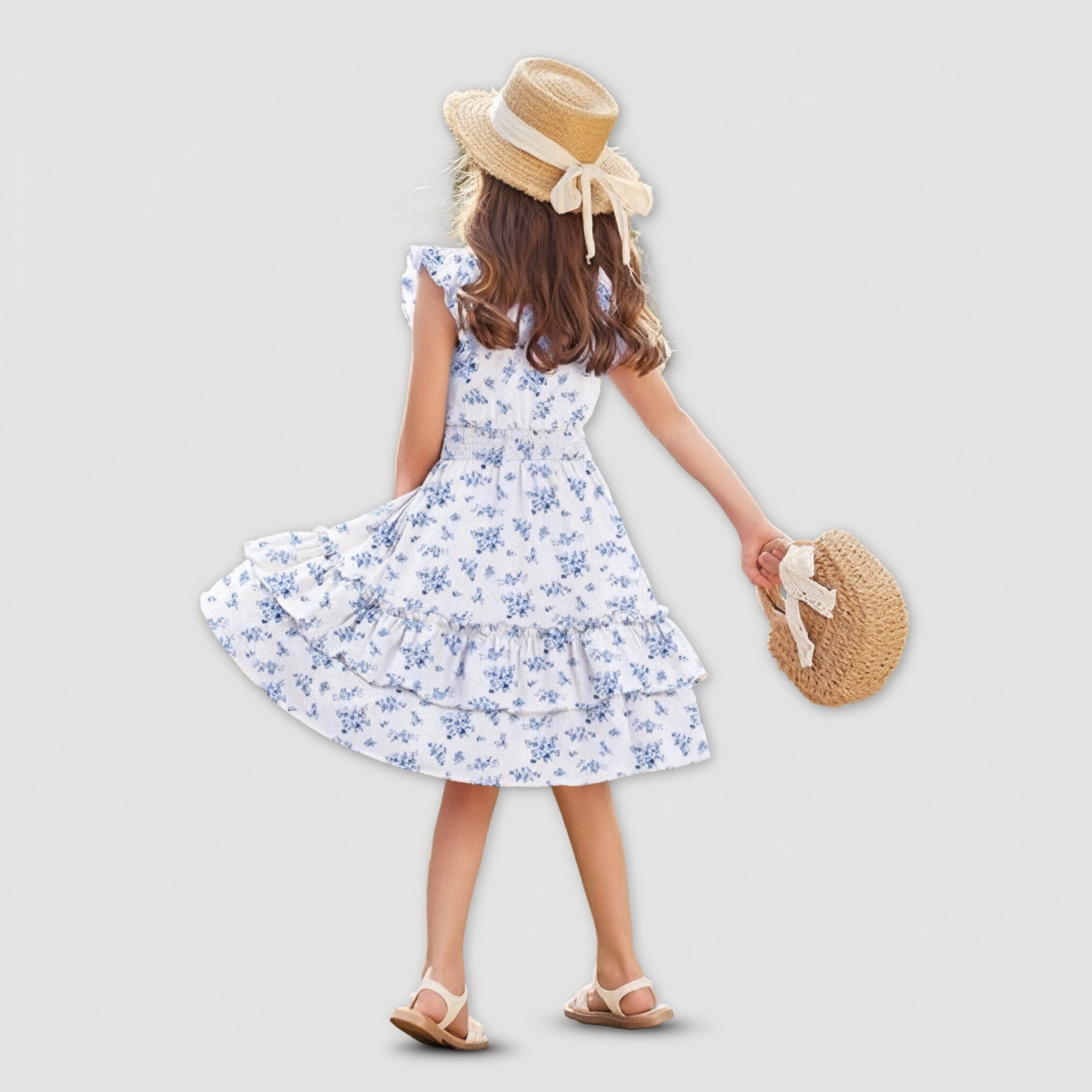 Arshiner Girls Dresses Flutter Sleeve Aline Sundress Casual Summer Tiered Swing Midi Pocket Dress