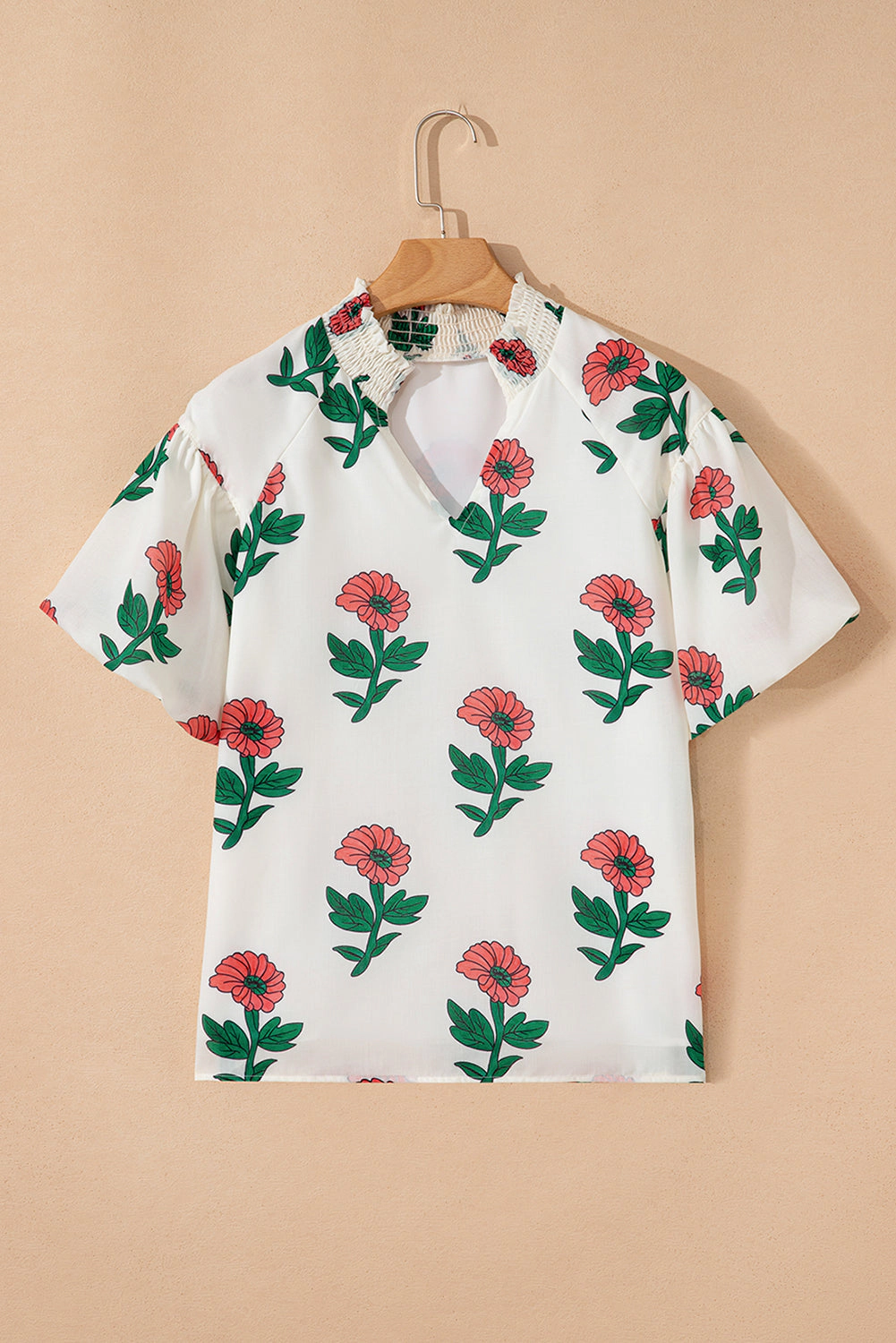 Threaded Pear Briar Shirred Short Sleeve Blouse - Floral Print, 100% Polyester