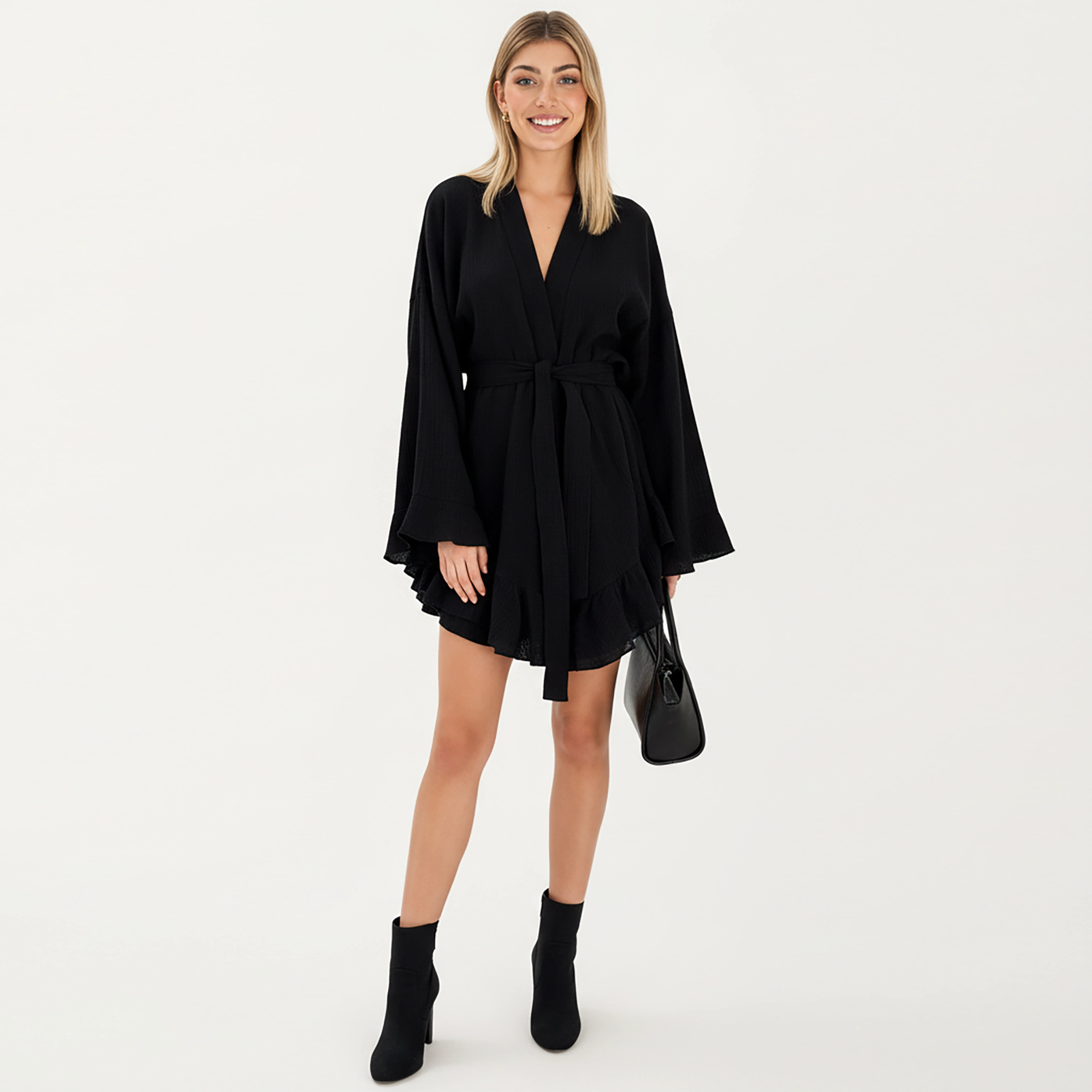 Anna-Kaci Women's Wrap Tie Front Night Robe and Ruffle Shorts 2-Piece