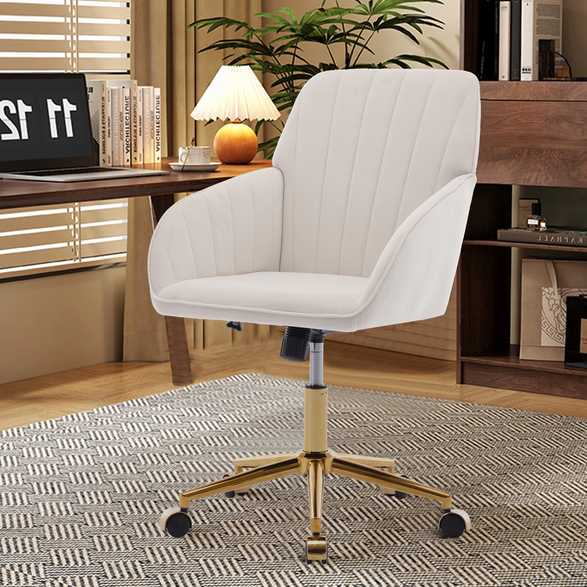 Platinum-Level Office Chairs TY Ergonomic Swivel Office Chair, Beige Velvet, Gold Base