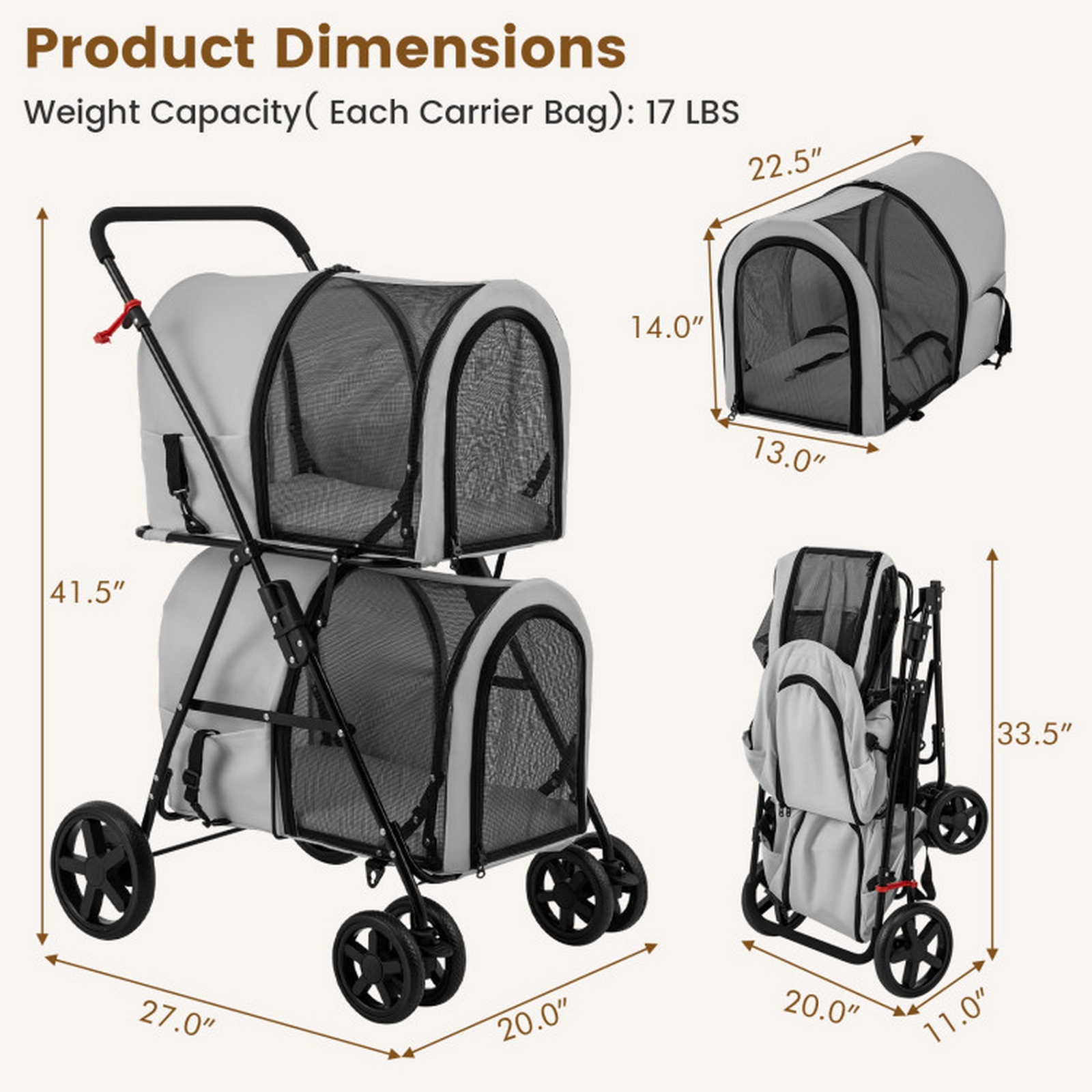 SUGIFT 4-in-1 Double Pet Stroller with Detachable Carriers and Car Seat Carrier 17-lb Capacity Beige Blue Black