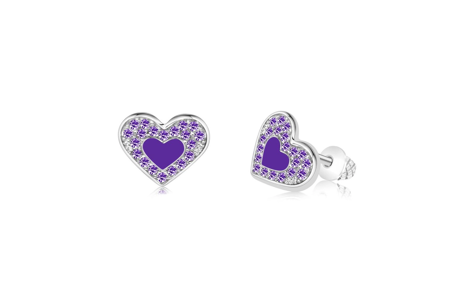 CHANTEUR Kids Heart Stud Earrings - Hypoallergenic Surgical Titanium Screwback, Silver-Plated with Purple Cubic Zirconia