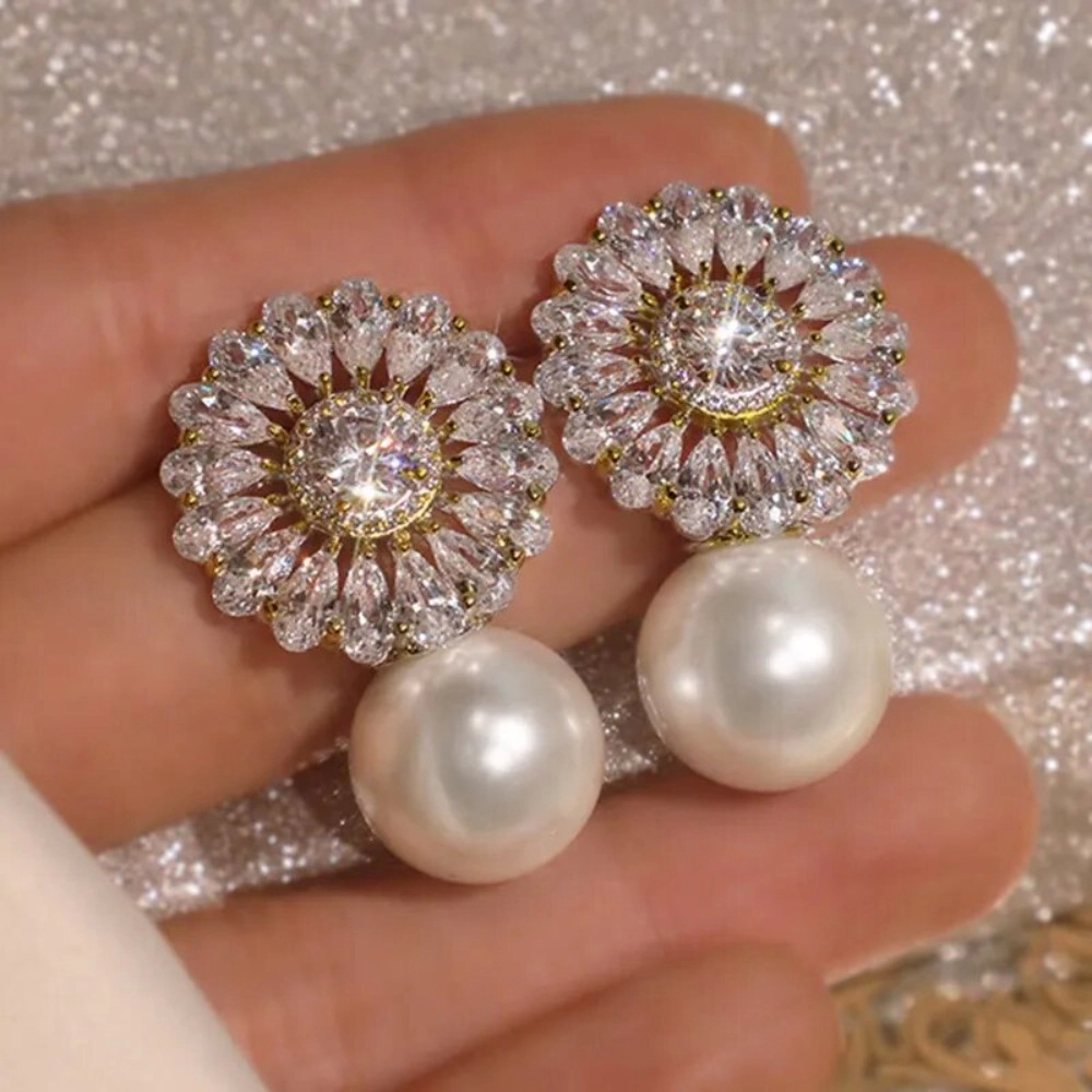 Wardrobe Whimsy Vintage Flower Cubic Zirconia Imitation Pearl Drop Earrings Elegant Wedding Party Jewelry