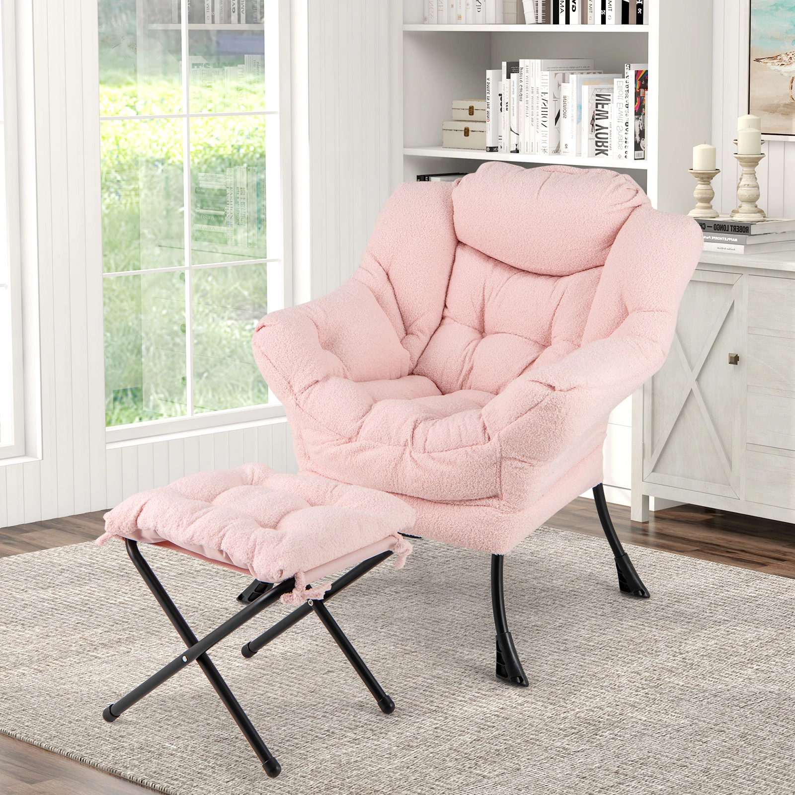 SUGIFT Sherpa Accent Chair with Folding Footrest and Head Pillow 31.5-in High Pink