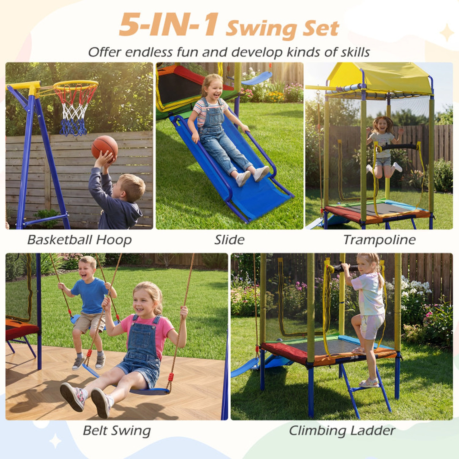 SUGIFT 5-in-1 Kids Outdoor Swing Set with Trampoline and Basketball Hoop 330-lb Trampoline Capacity 8+ Years Yellow+Blue