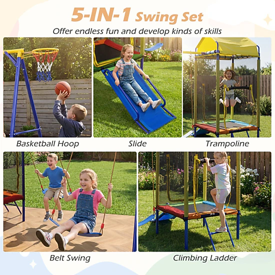 SUGIFT 5-in-1 Kids Outdoor Swing Set with Trampoline and Basketball Hoop 330-lb Trampoline Capacity 8+ Years Yellow+Blue