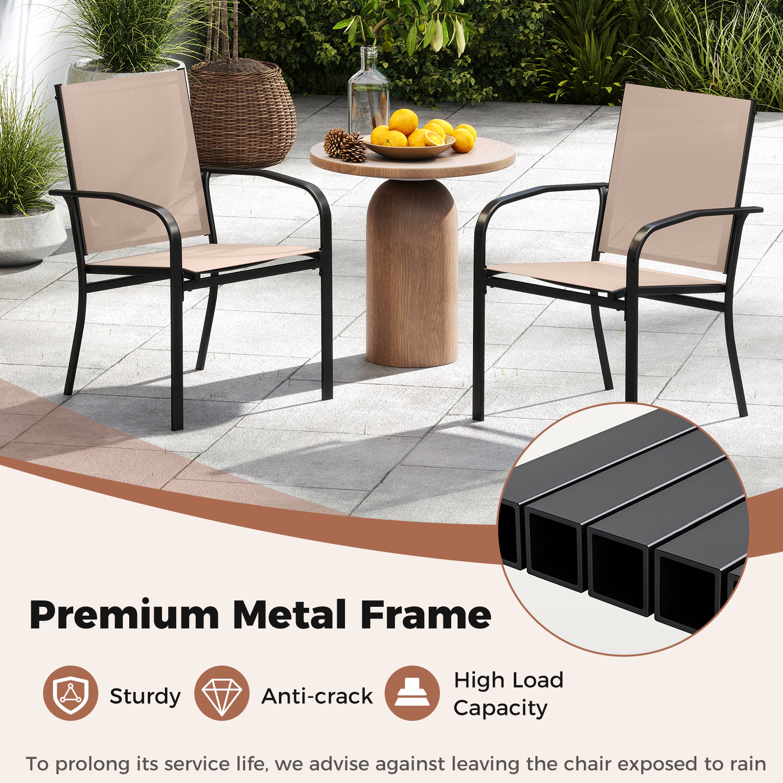 SUGIFT High Back Stackable Metal Outdoor Dining Chairs Set of 2 330-lb Capacity Light Brown
