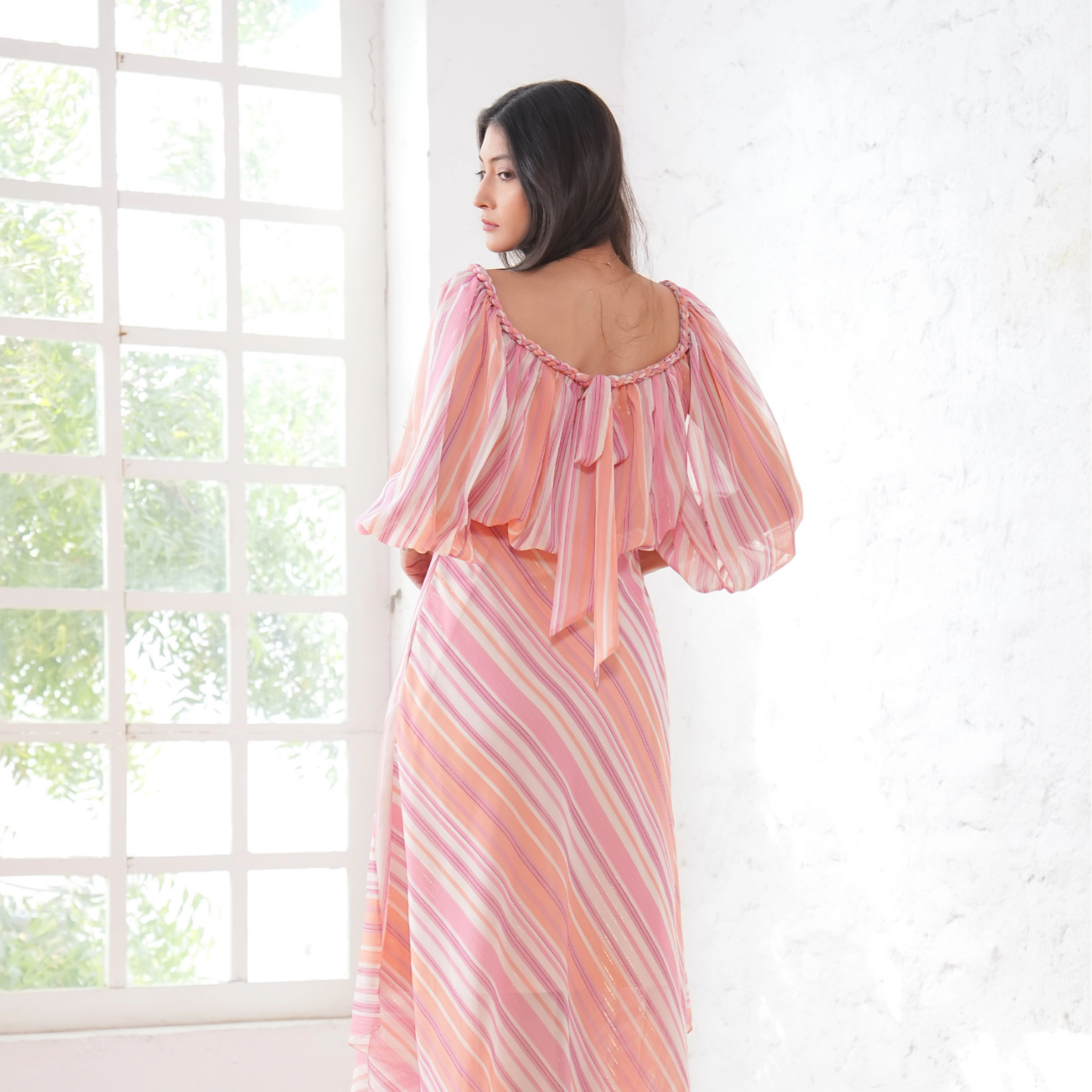 Rose & Nancy Women's Lila Pink Coral Metallic Stripe Asymetric Hem Maxi Dress