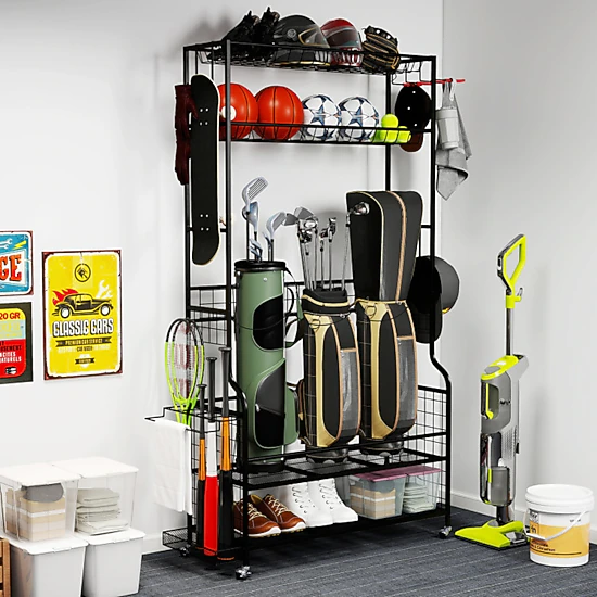 SUGIFT Black Golf Bag Storage Organizer with Club Rack and 2 Baskets 52 ...