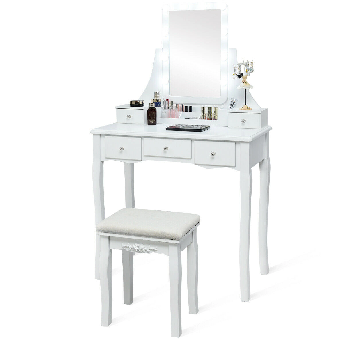 SUGIFT 10 Dimmable Light Bulbs Vanity Dressing Table with Removable Storage Box & Cushioned Stool 286-lb Table Capacity