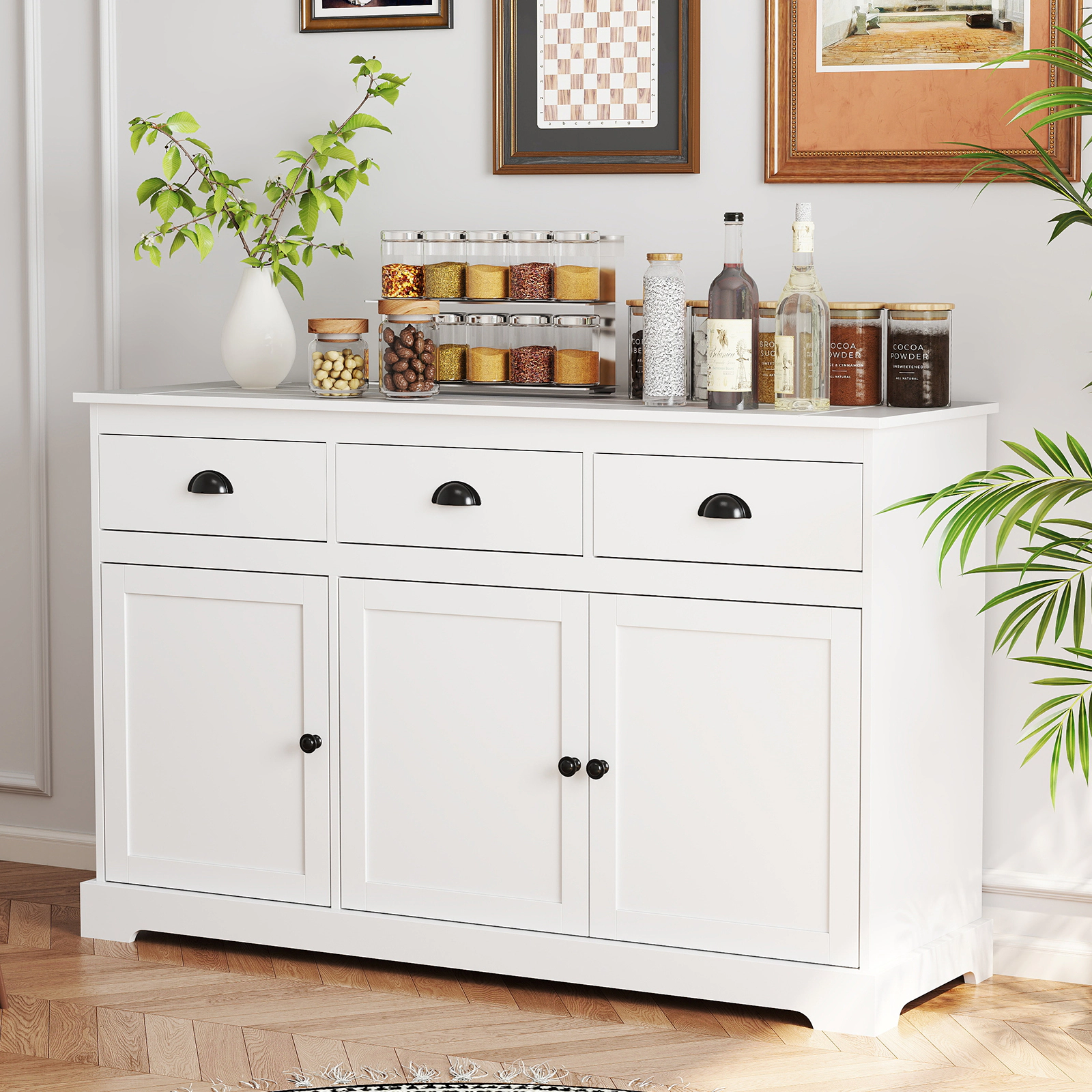 SUGIFT 3-Drawer Cup Pulls Adjustable Shelves Buffet Sideboard 53.5-in x 17-in x 34-in 22-lb per Shelf White