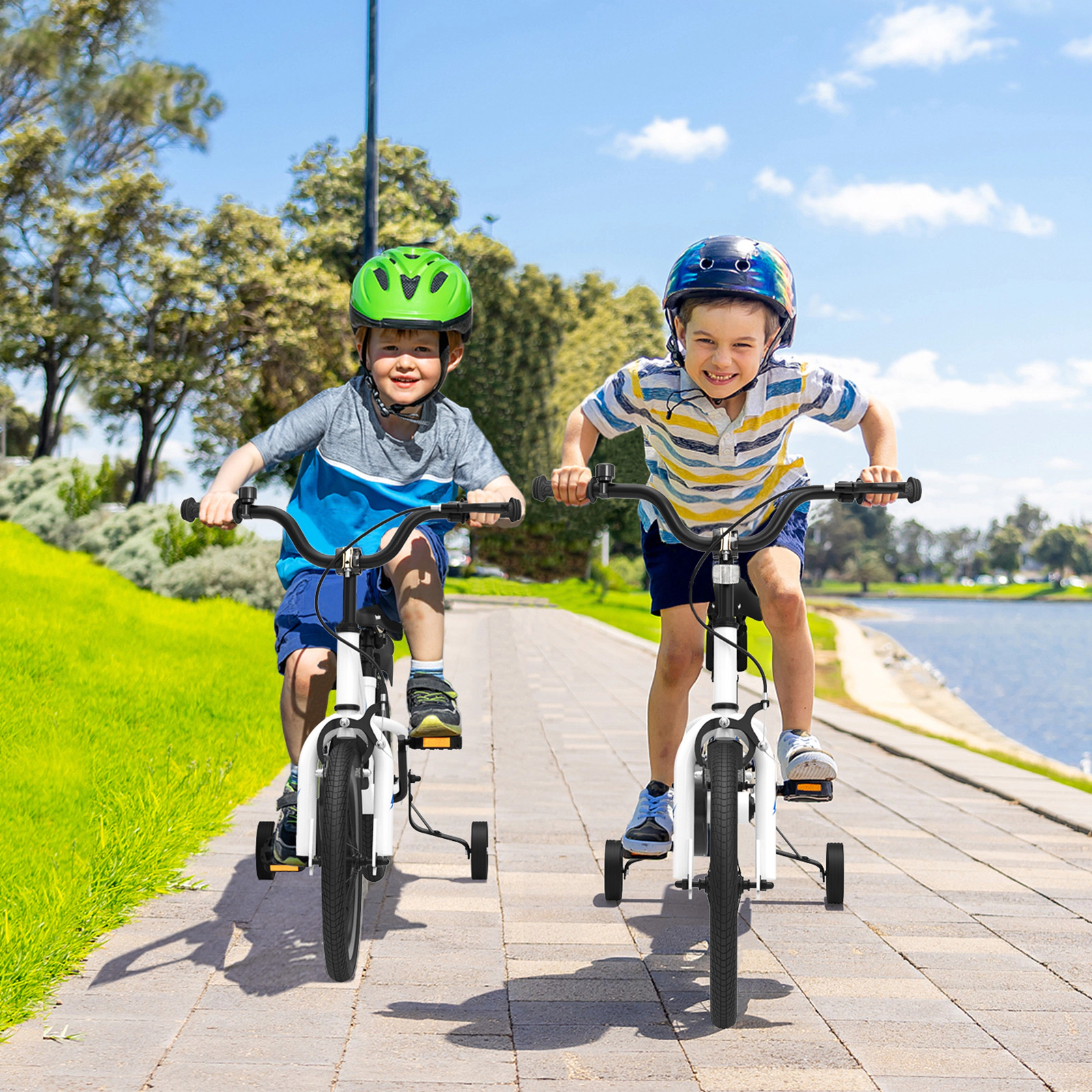 SUGIFT Height-Adjustable 14-In Kids Bicycle with Hand & Coaster Brakes 99-lb Seat Capacity Ages 3-5 with Training Wheels