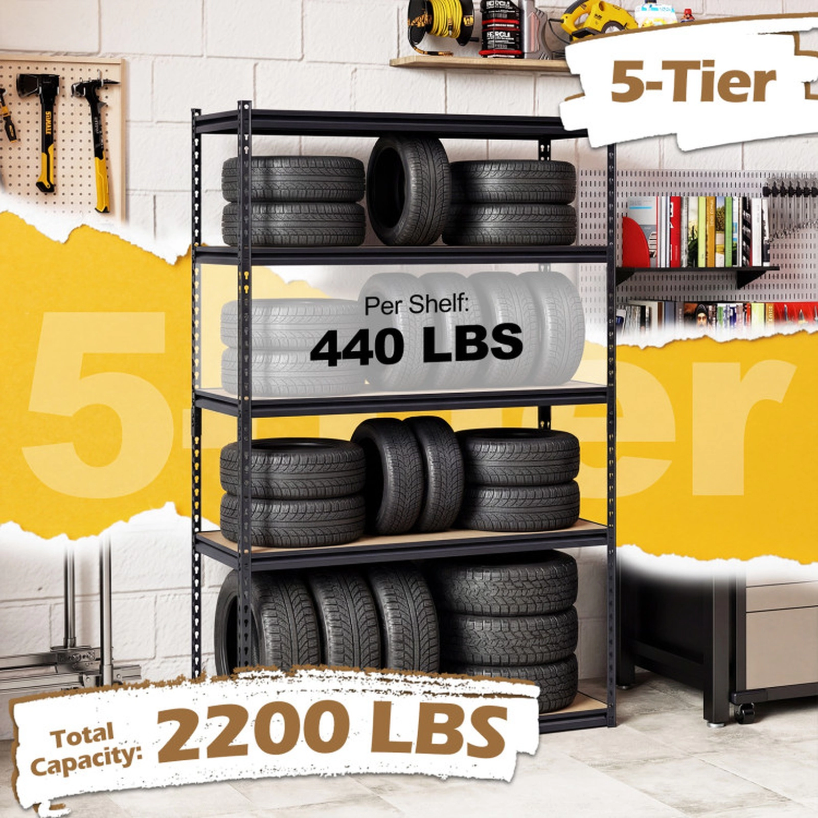 SUGIFT Set of 4 5-Tier MDF Shelf Adjustable Metal Garage Shelving 30-in x 12-in x 60-in 2200-lb Capacity Black