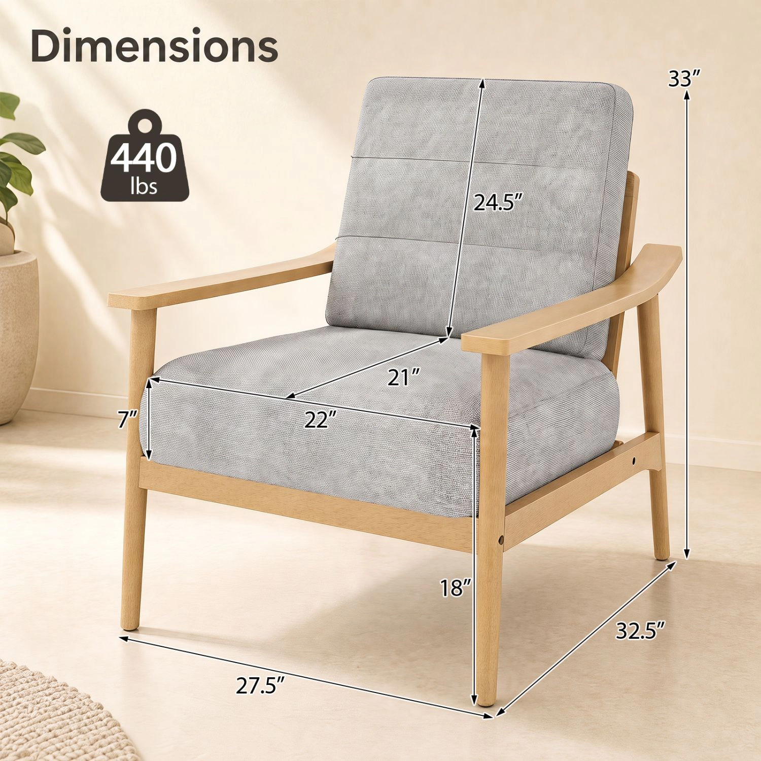 SlickBlue Gray Accent Chair with Wide Seat, Padded Cushion & Armrests