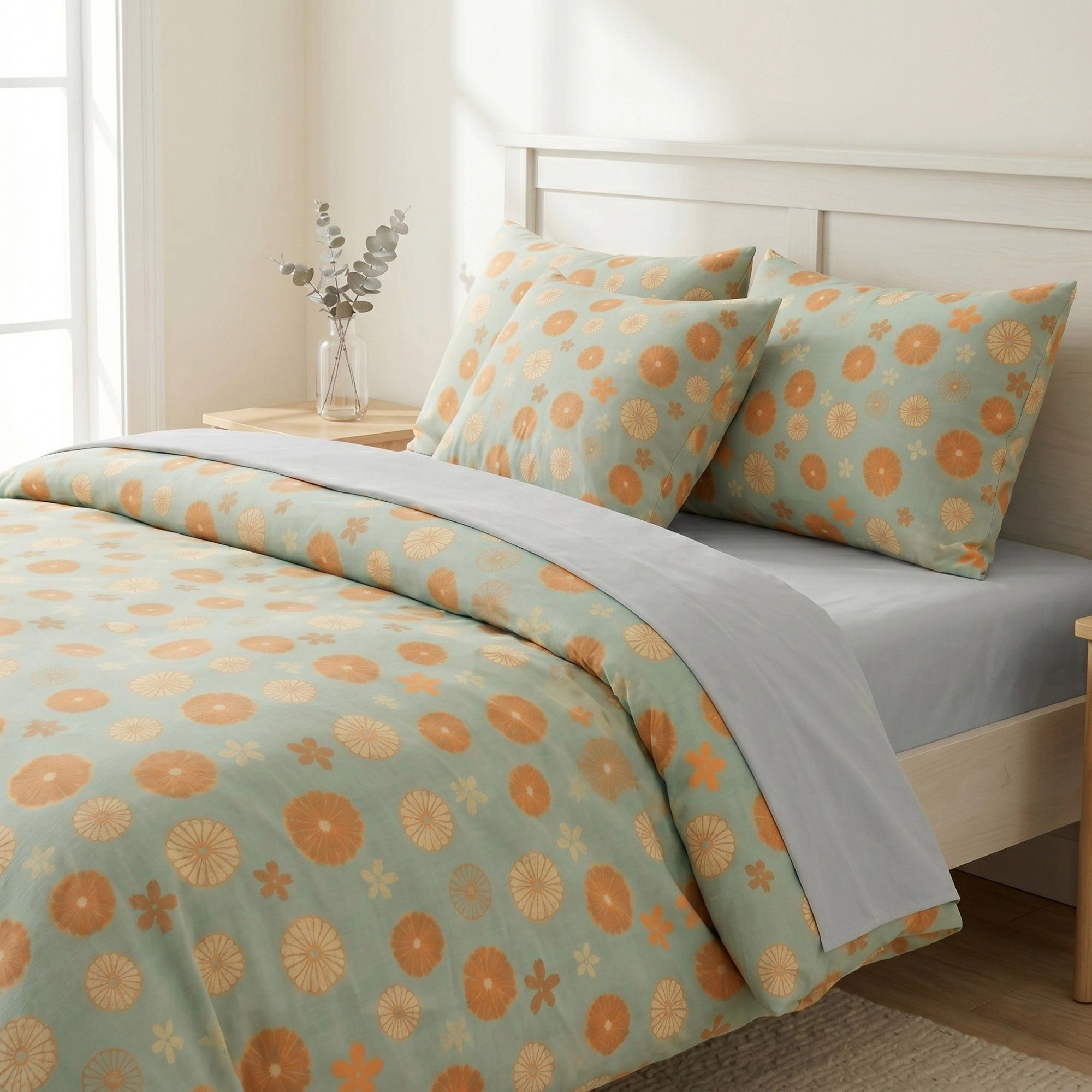 Alilang Unisex 4-Piece Cotton Bedding Set with Floral Pattern Duvet Cover, Pillowcases, and Flat Sheet
