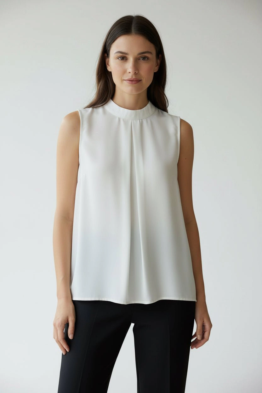 DressAtR Women's White Sleeveless Pleated High Neck Blouse