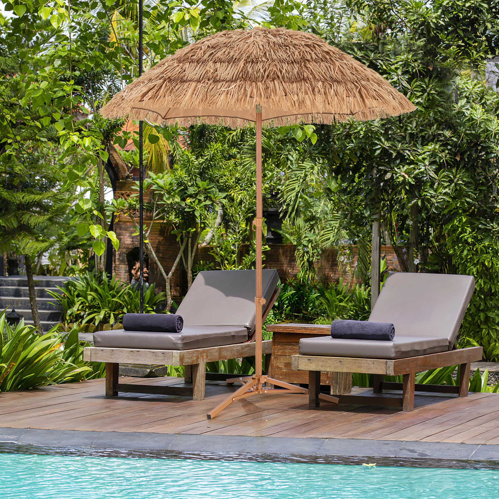 SUGIFT Thatched Tiki Umbrella with Foldable Stand and Push Button Tilt 6.5-ft Canopy Natural
