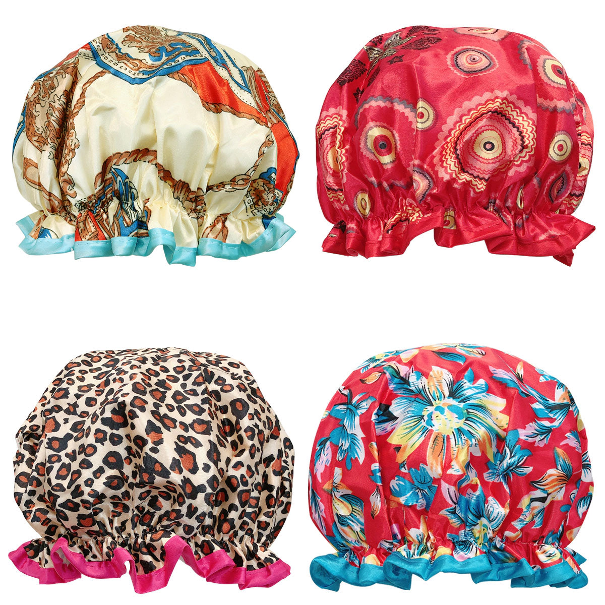 Wrapables Women's Stylish Double Layer Waterproof Shower Caps (Set of 4), Retro Floral