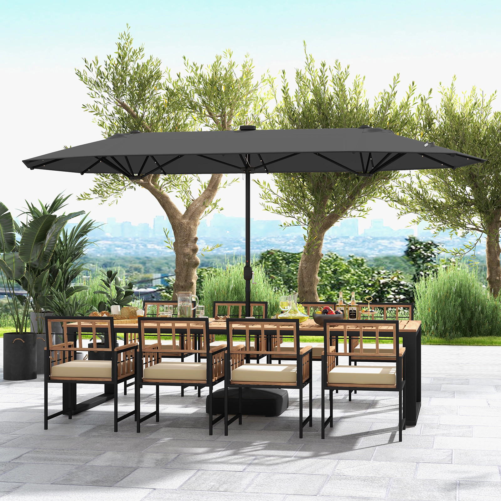 SUGIFT Double-Sided Patio Umbrella with Solar Lights and Crank Lift 13-ft for Garden Pool Backyard Gray